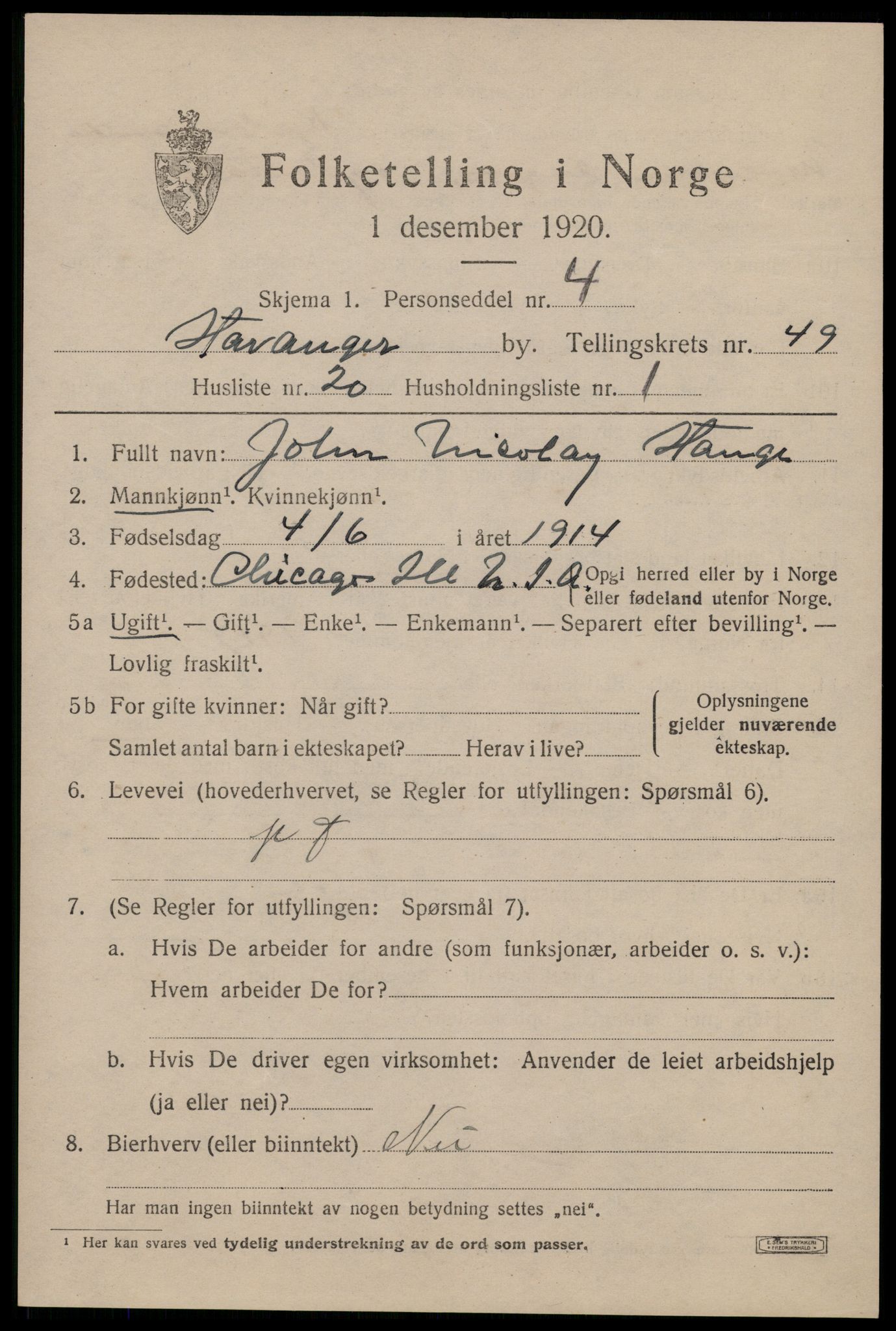 SAST, 1920 census for Stavanger, 1920, p. 118706