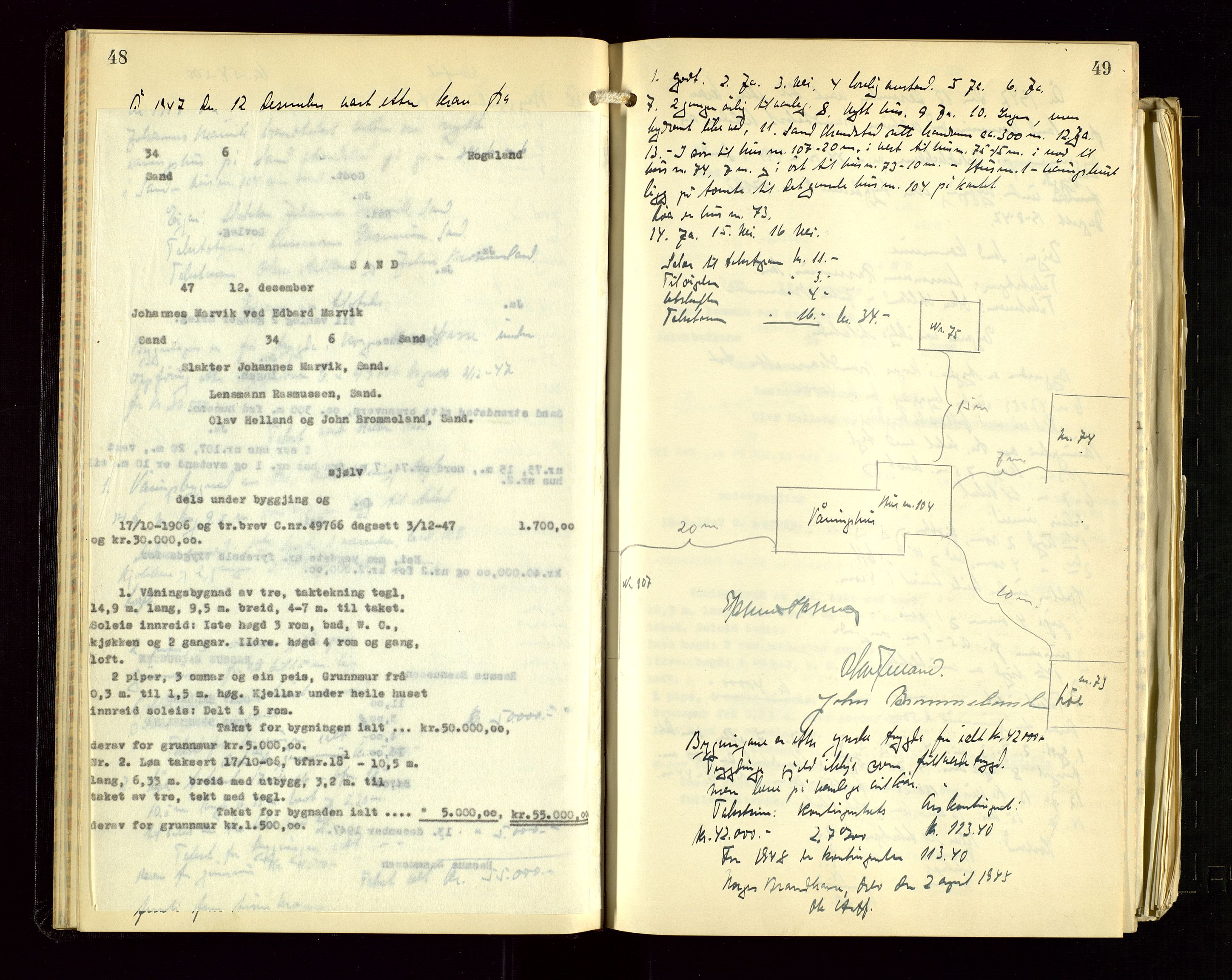 Sand lensmannskontor, AV/SAST-A-100415/Gob/L0004: Branntakstprotokoll, 1937-1955, p. 48-49