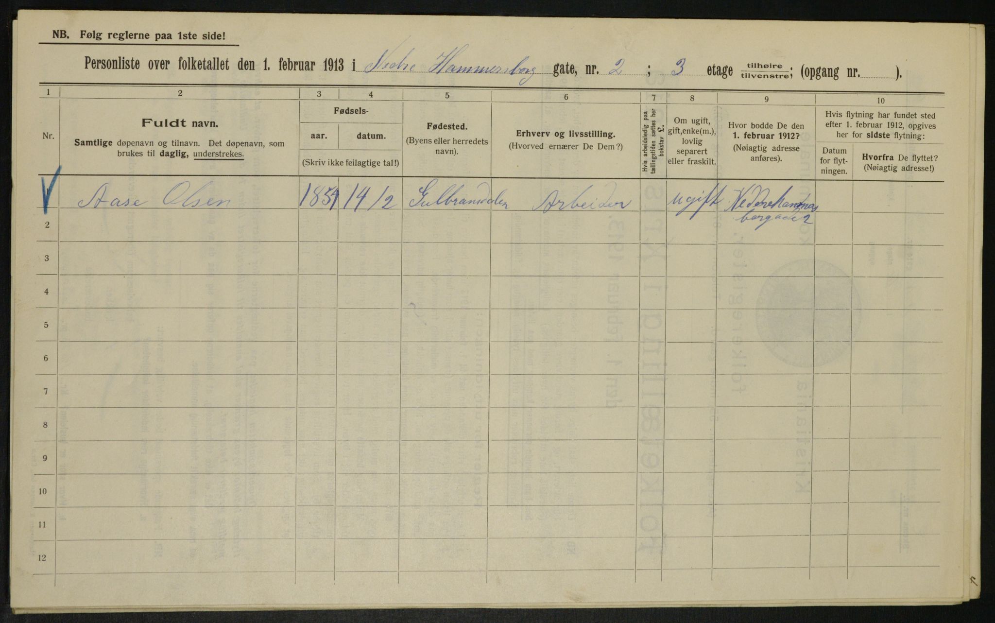 OBA, Municipal Census 1913 for Kristiania, 1913, p. 69157