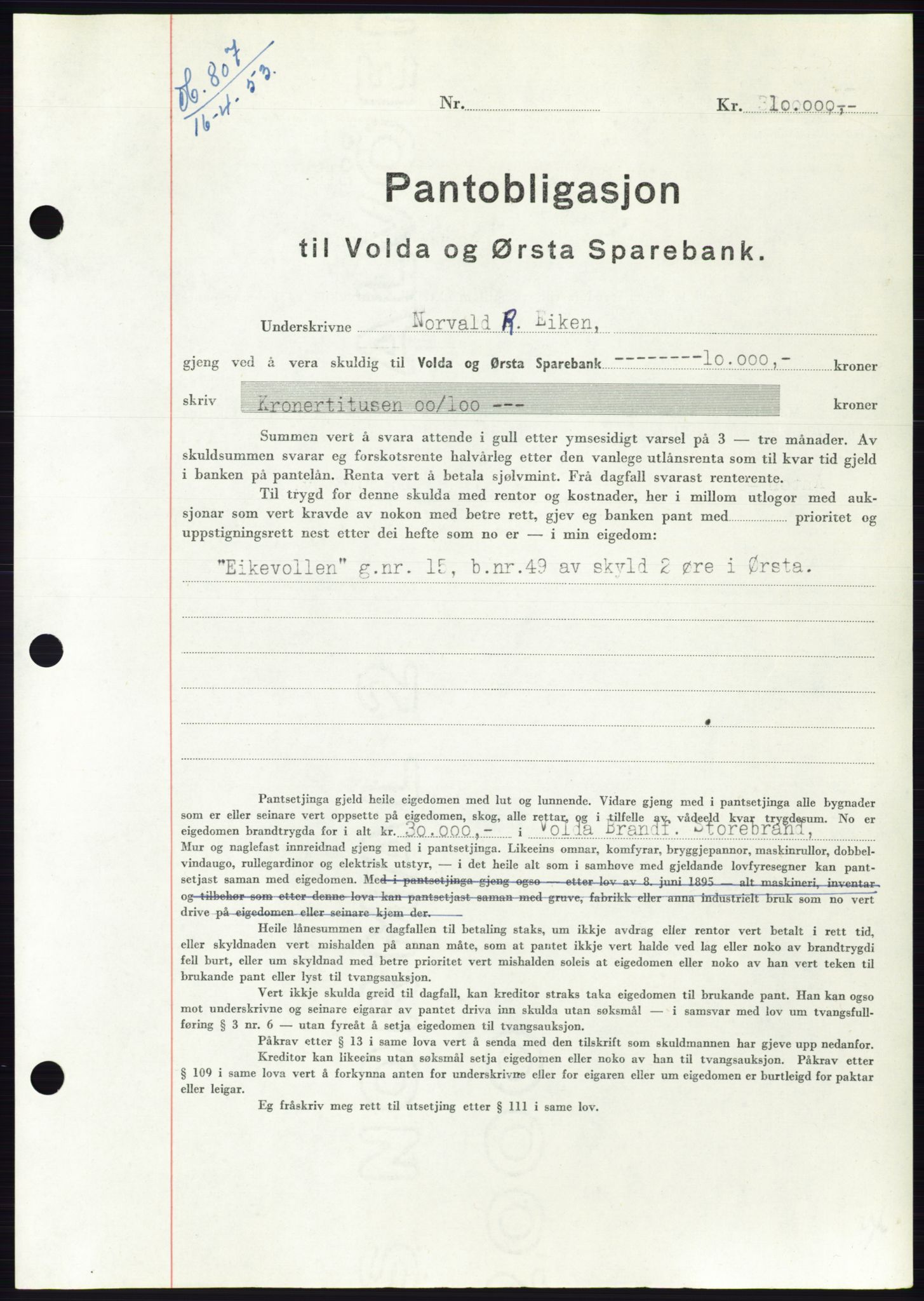 Søre Sunnmøre sorenskriveri, SAT/A-4122/1/2/2C/L0123: Mortgage book no. 11B, 1953-1953, Diary no: : 807/1953