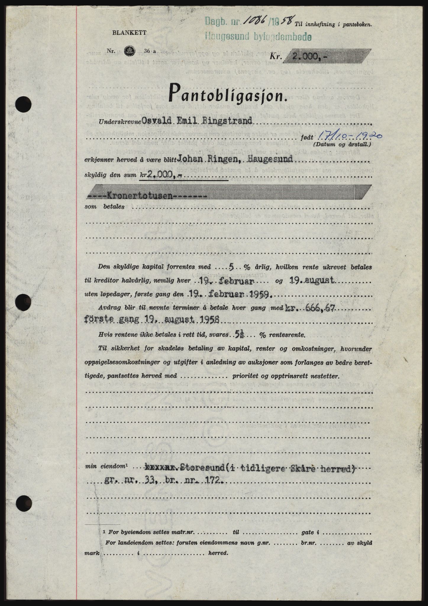 Haugesund tingrett, SAST/A-101415/01/II/IIC/L0044: Mortgage book no. B 44, 1958-1959, Diary no: : 1086/1958