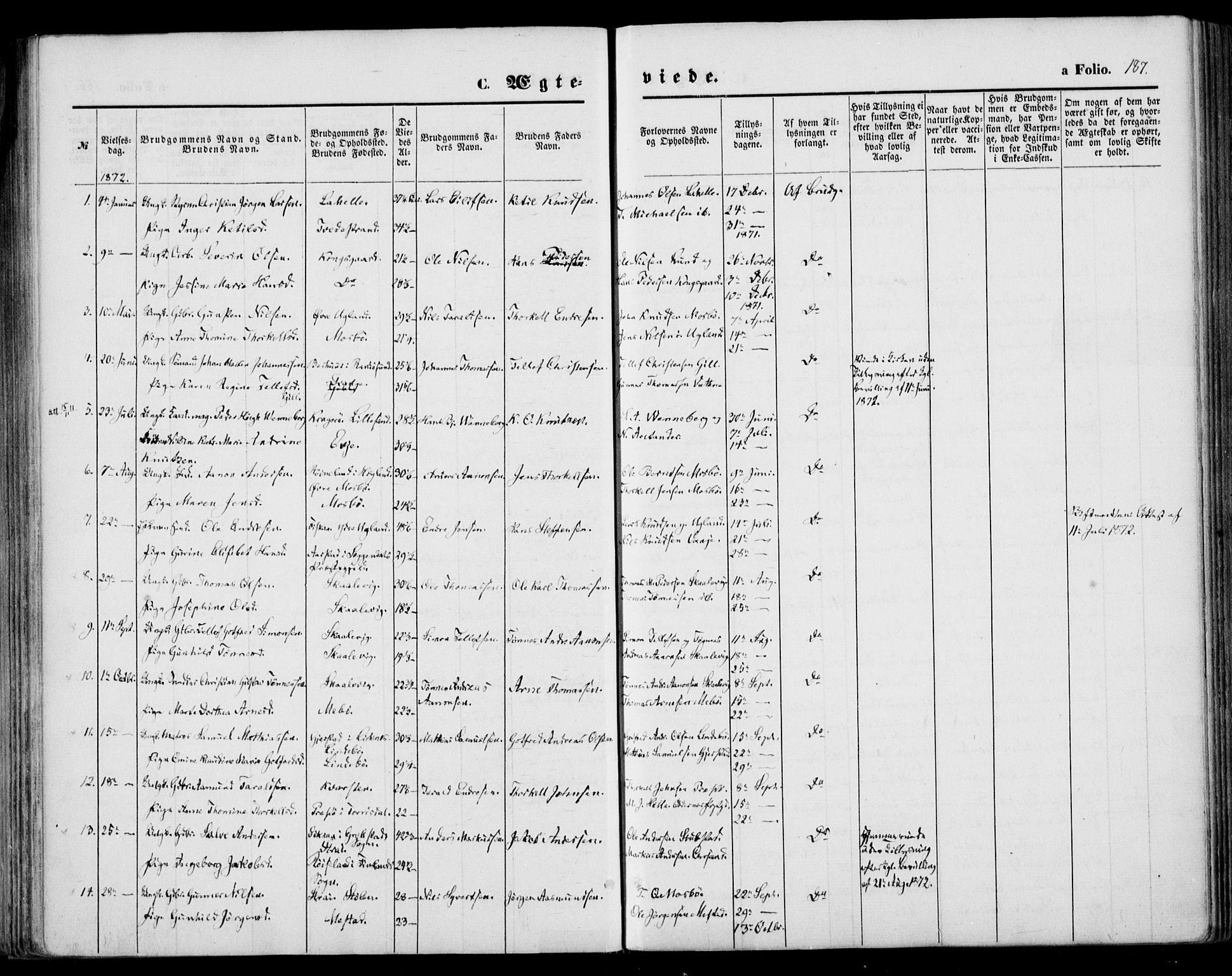 Oddernes sokneprestkontor, SAK/1111-0033/F/Fa/Faa/L0008: Parish register (official) no. A 8, 1864-1880, p. 187