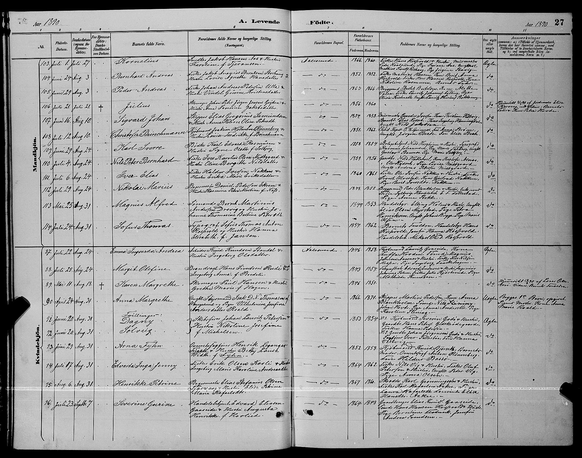 Ministerialprotokoller, klokkerbøker og fødselsregistre - Møre og Romsdal, AV/SAT-A-1454/529/L0467: Parish register (copy) no. 529C04, 1889-1897, p. 27