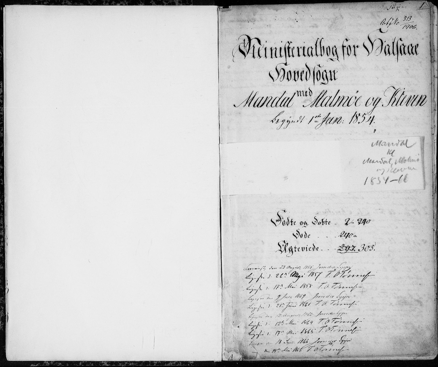 Mandal sokneprestkontor, AV/SAK-1111-0030/F/Fb/Fba/L0008: Parish register (copy) no. B 2, 1854-1868, p. 1