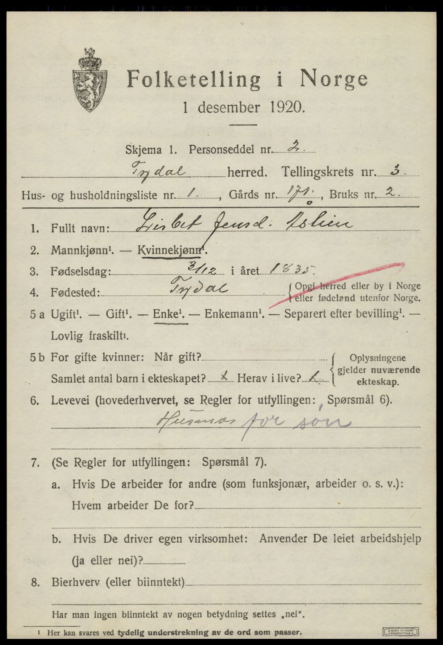 SAT, 1920 census for Tydal, 1920, p. 881