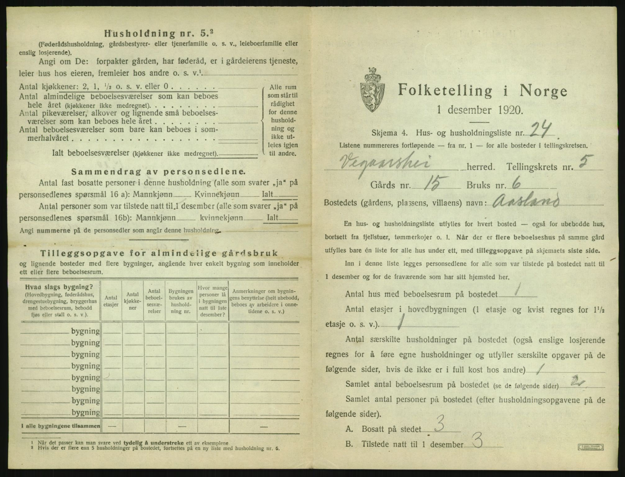 SAK, 1920 census for Vegårshei, 1920, p. 300