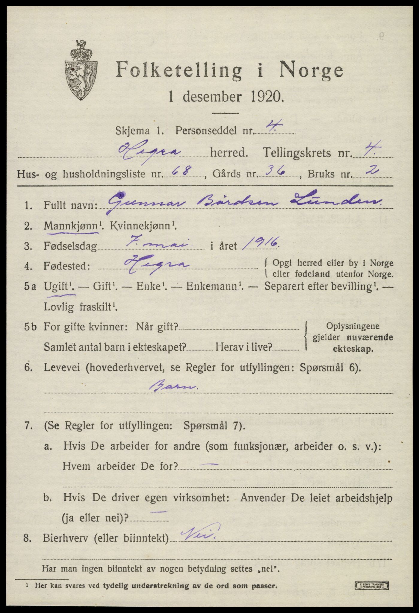 SAT, 1920 census for Hegra, 1920, p. 4026