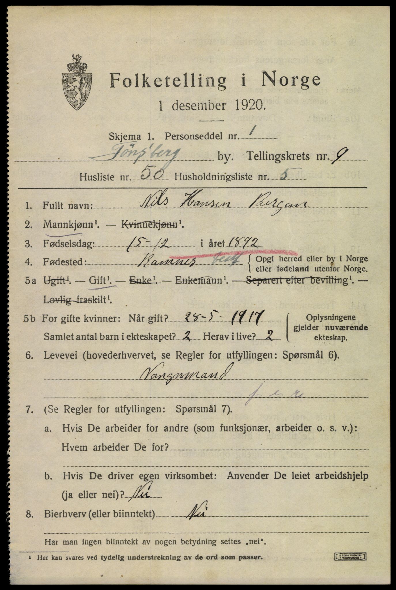 SAKO, 1920 census for Tønsberg, 1920, p. 18079