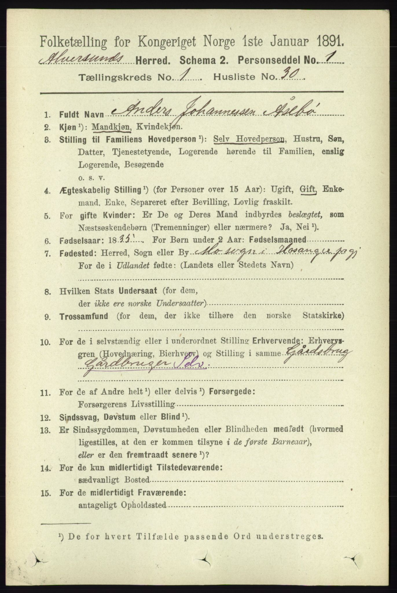 RA, 1891 census for 1257 Alversund, 1891, p. 260