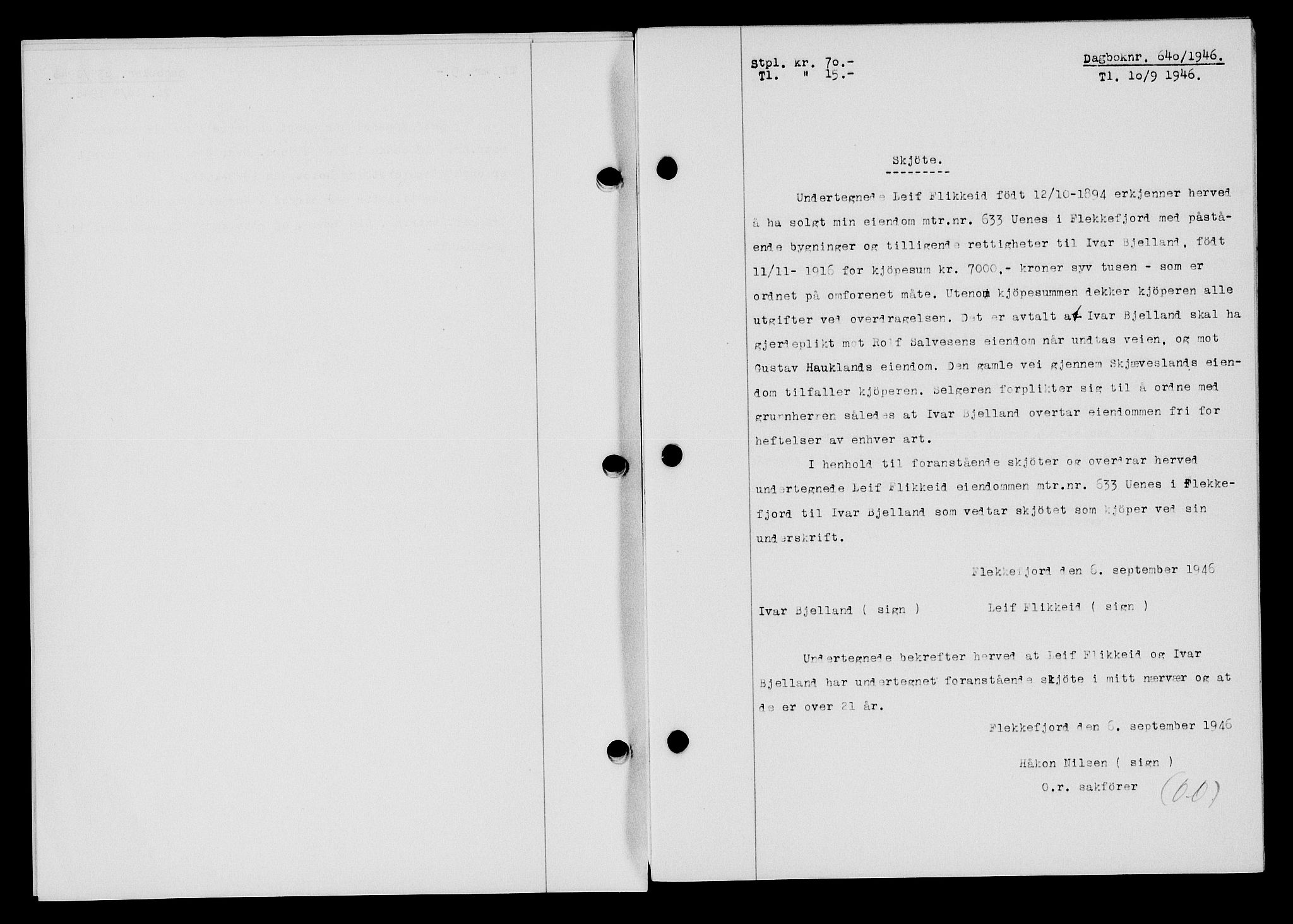 Flekkefjord sorenskriveri, SAK/1221-0001/G/Gb/Gba/L0060: Mortgage book no. A-8, 1945-1946, Diary no: : 640/1946