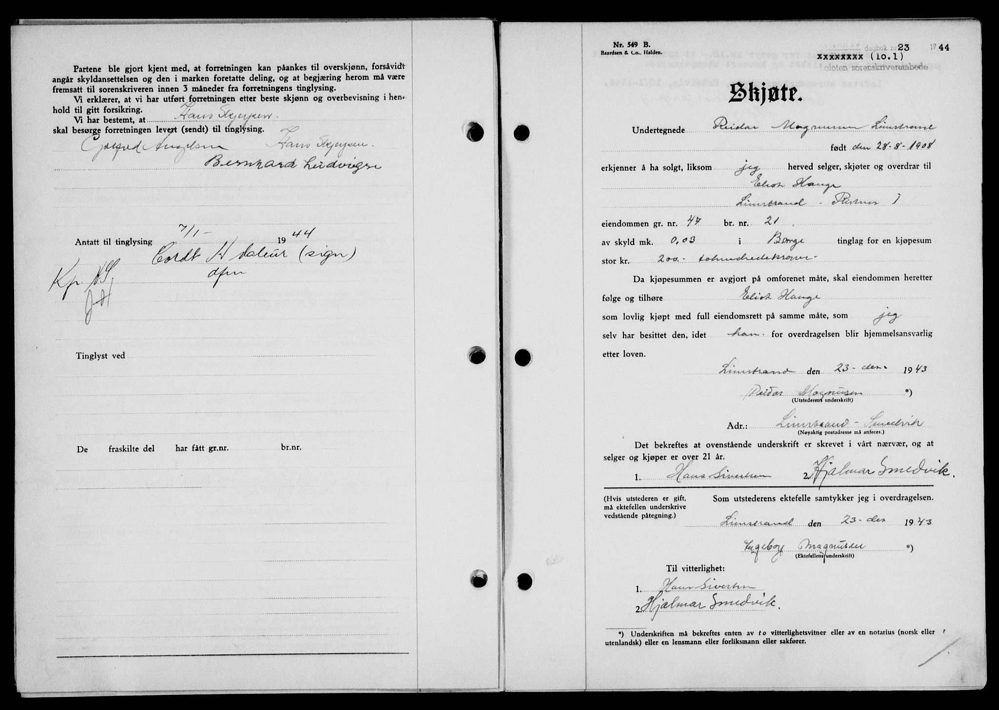 Lofoten sorenskriveri, SAT/A-0017/1/2/2C/L0012a: Mortgage book no. 12a, 1943-1944, Diary no: : 23/1944