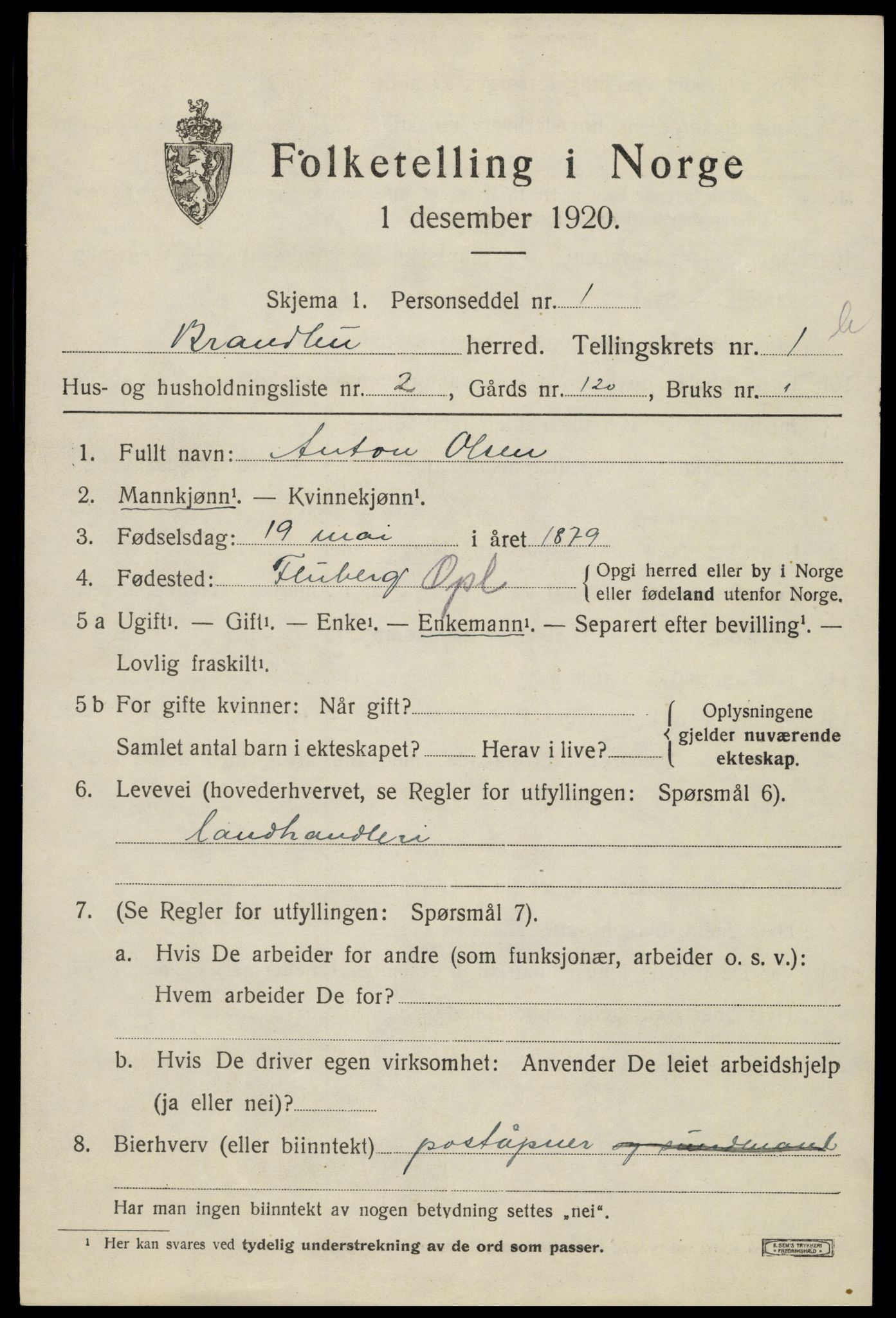 SAH, 1920 census for Brandbu, 1920, p. 3091