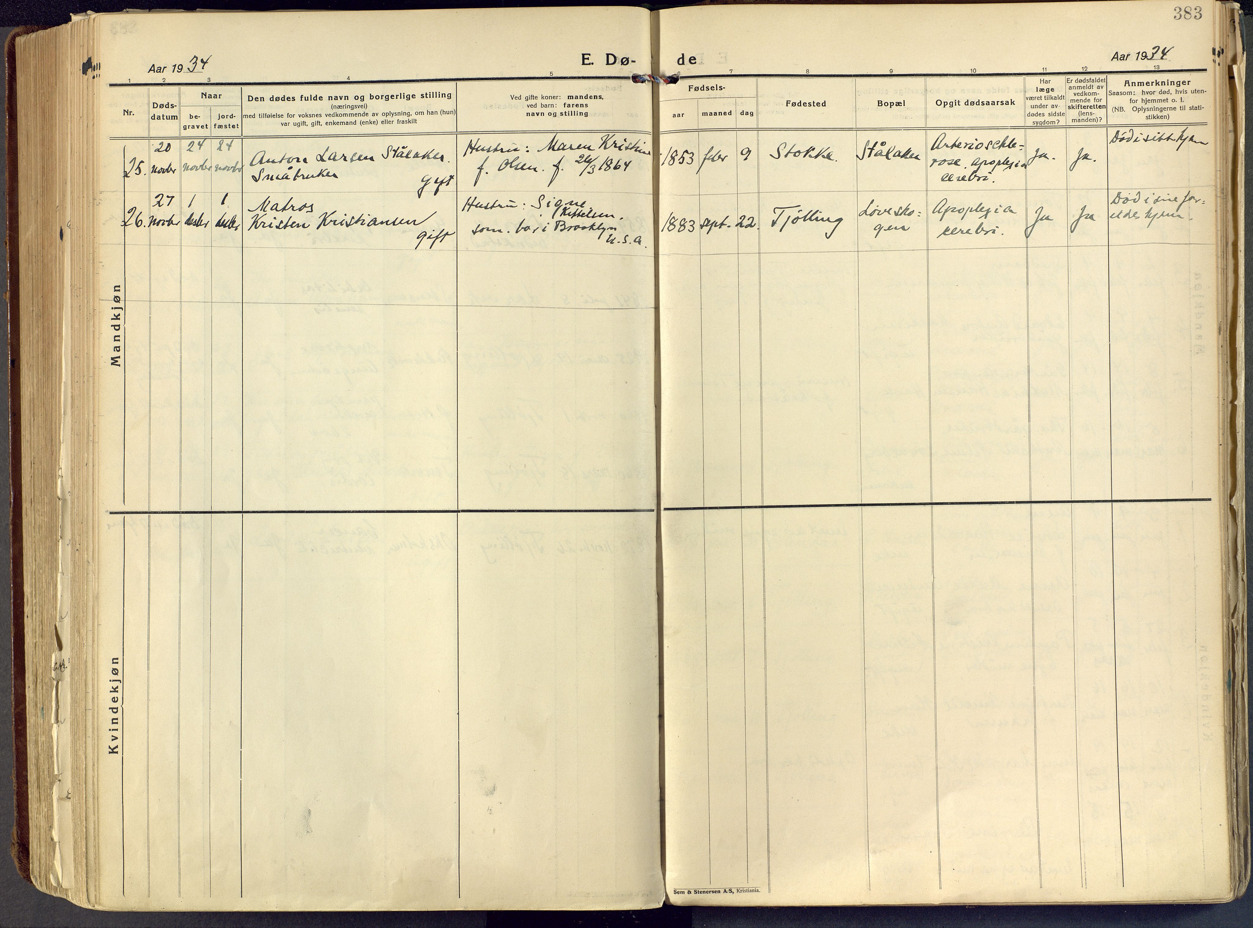 Tjølling kirkebøker, AV/SAKO-A-60/F/Fa/L0011: Parish register (official) no. 11, 1924-1943, p. 383