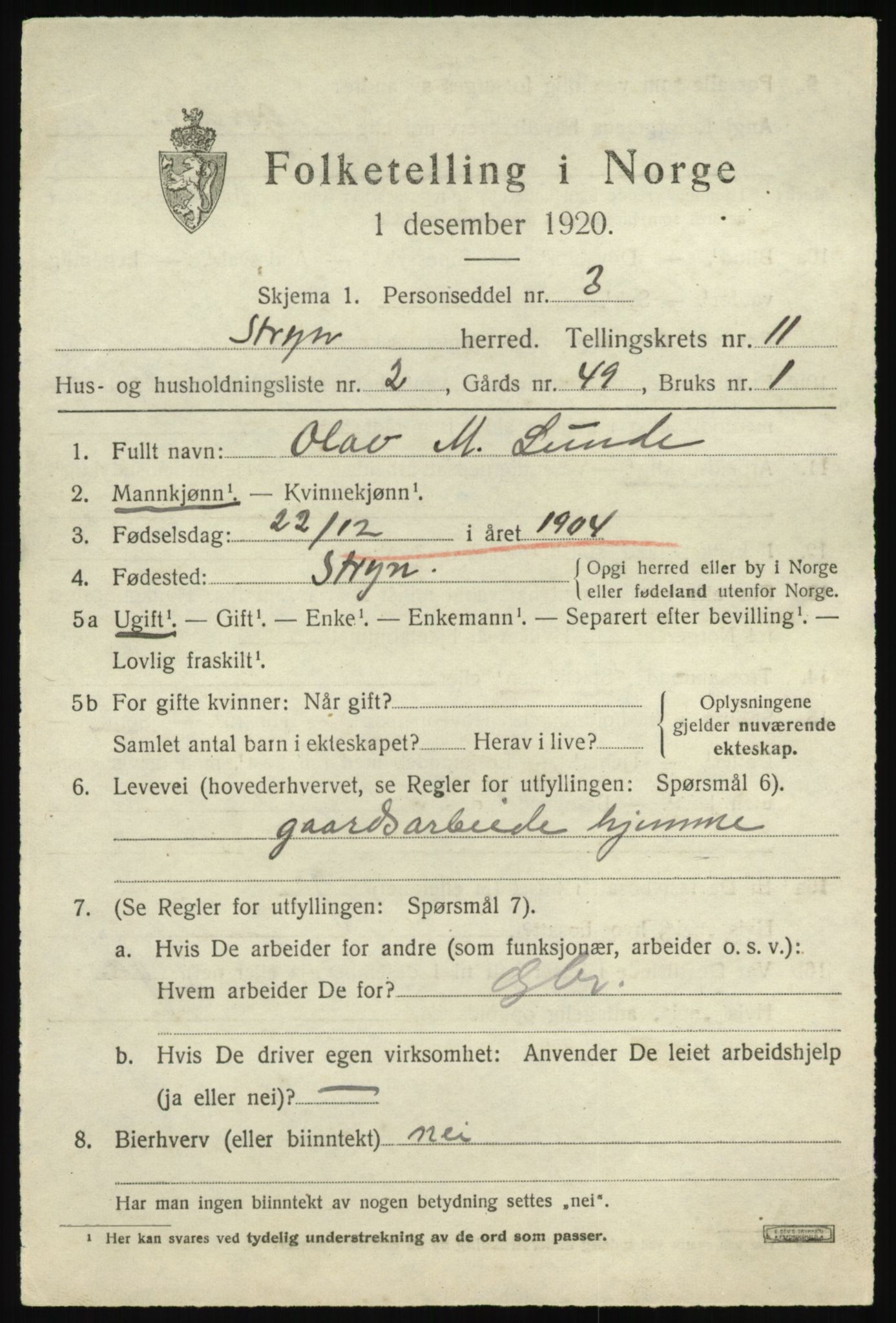 SAB, 1920 census for Stryn, 1920, p. 5212