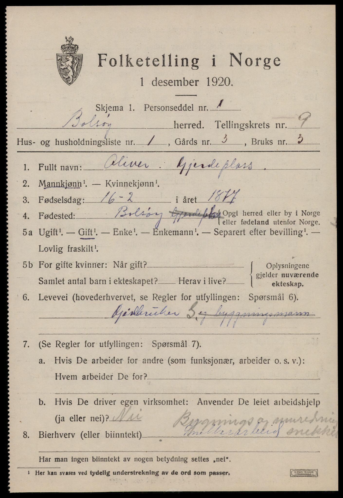 SAT, 1920 census for Bolsøy, 1920, p. 9867