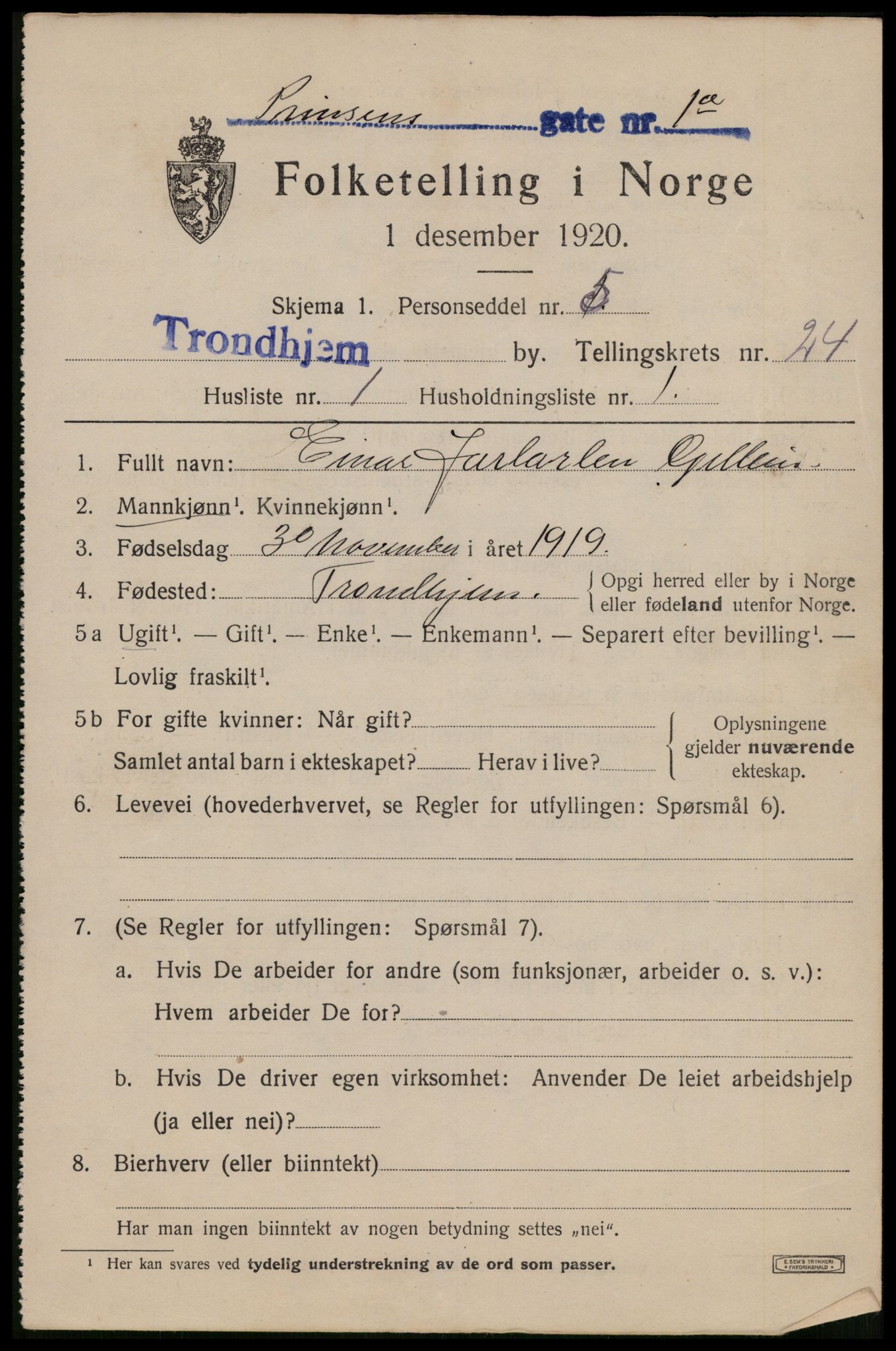 SAT, 1920 census for Trondheim, 1920, p. 65356