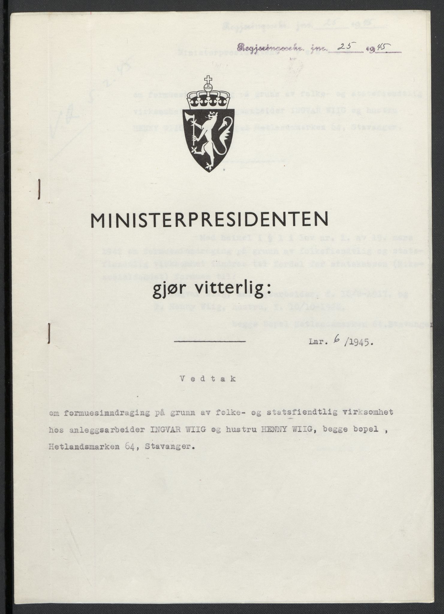 Landssvikarkivet, Oslo politikammer, AV/RA-S-3138-01/D/Da/L0003: Dnr. 29, 1945, p. 1311