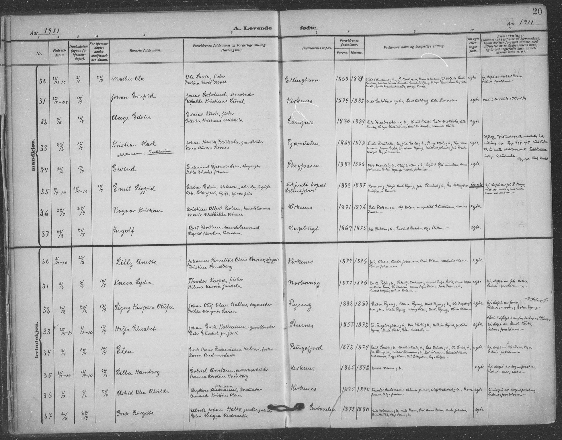 Sør-Varanger sokneprestkontor, SATØ/S-1331/H/Ha/L0005kirke: Parish register (official) no. 5, 1909-1919, p. 20