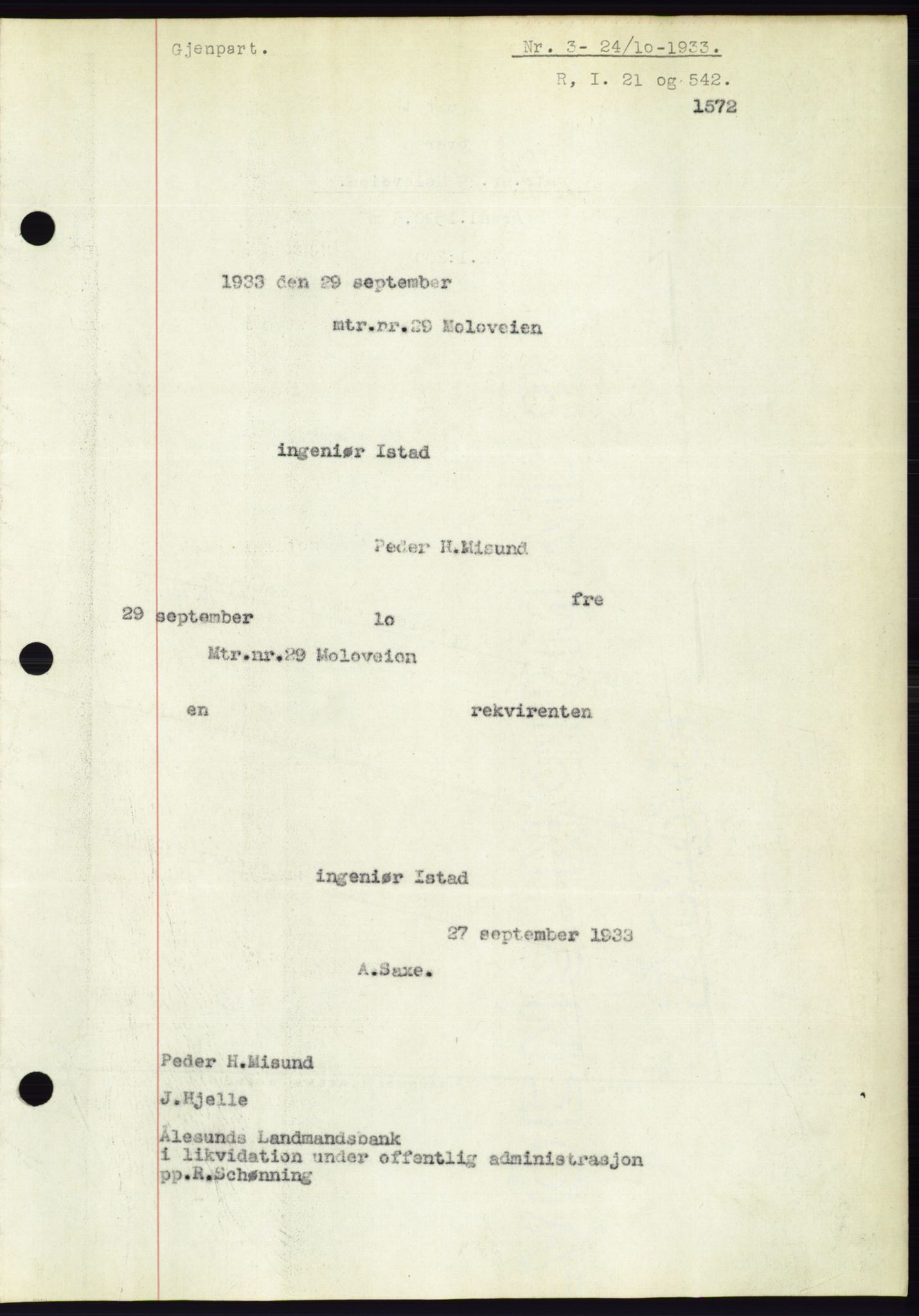 Ålesund byfogd, AV/SAT-A-4384: Mortgage book no. 31, 1933-1934, Deed date: 24.10.1933