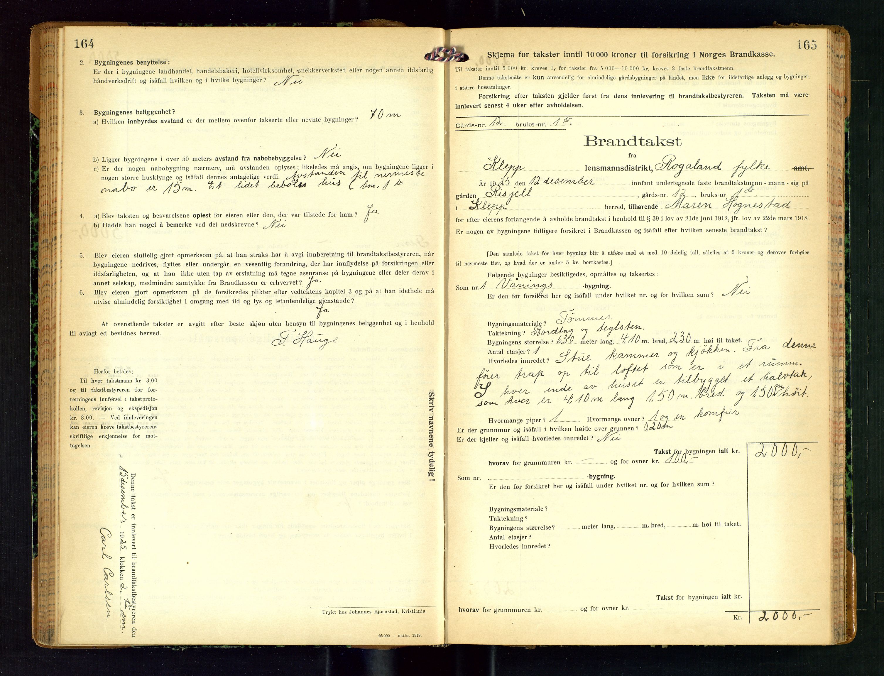 Klepp lensmannskontor, SAST/A-100163/Goc/L0011: "Brandtakstprotokoll" m/register, 1924-1929, p. 164-165