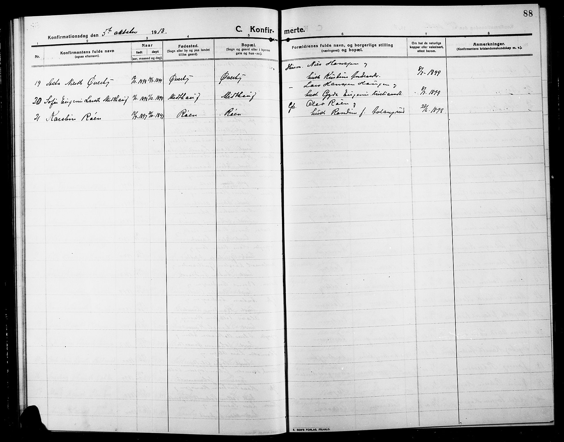 Søndre Land prestekontor, SAH/PREST-122/L/L0006: Parish register (copy) no. 6, 1912-1925, p. 88