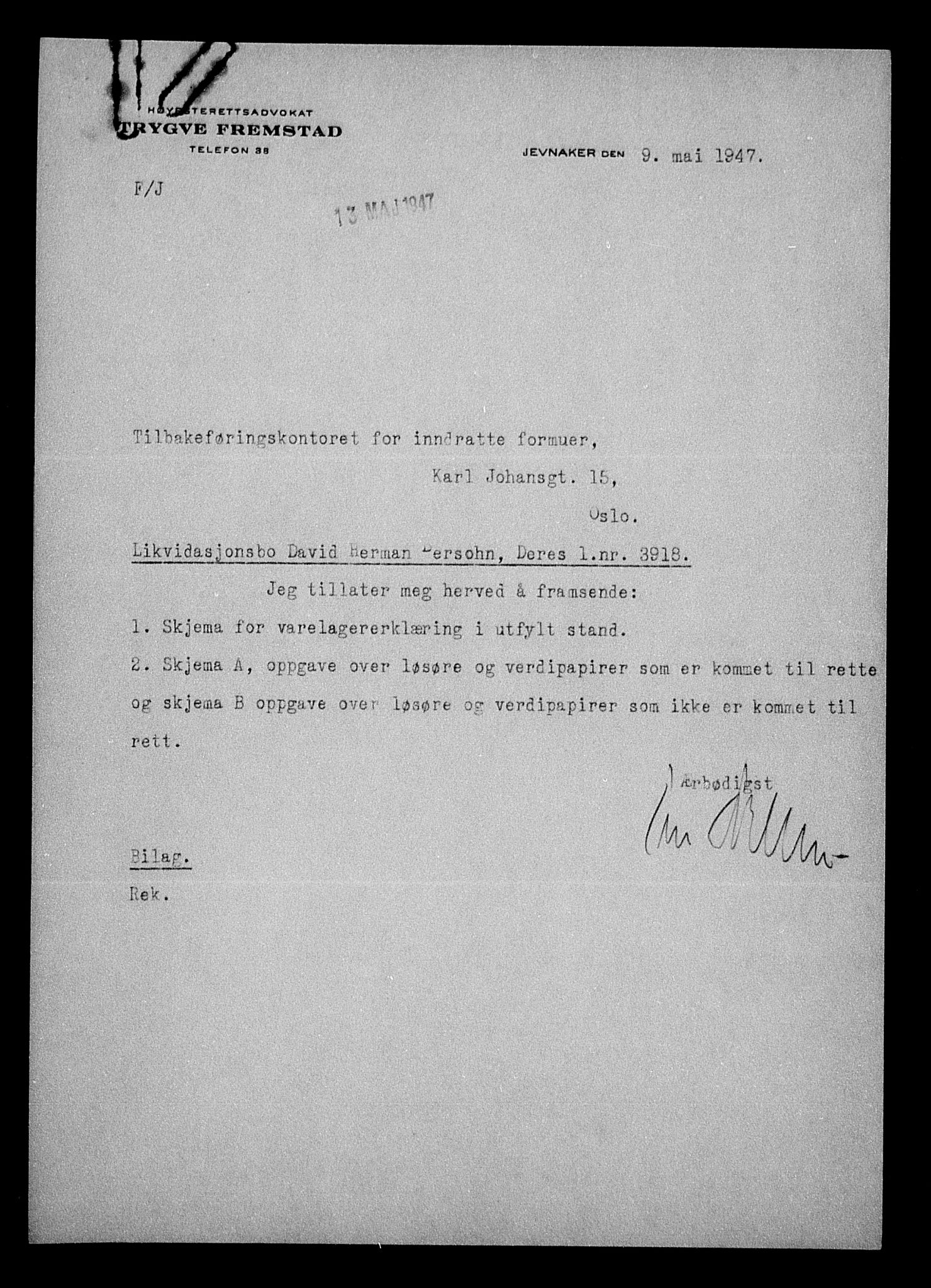 Justisdepartementet, Tilbakeføringskontoret for inndratte formuer, RA/S-1564/H/Hc/Hcd/L0991: --, 1945-1947, p. 583