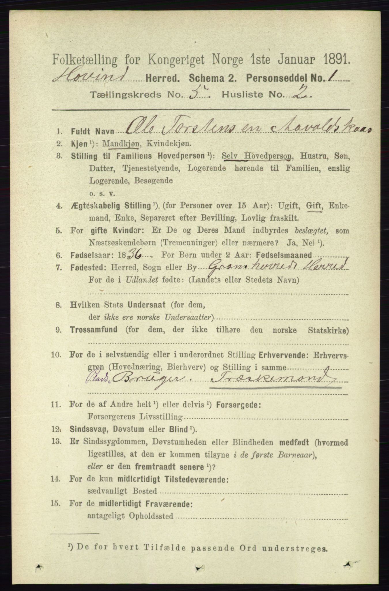 RA, 1891 census for 0825 Hovin, 1891, p. 987