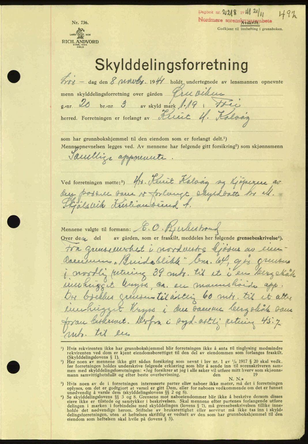 Nordmøre sorenskriveri, AV/SAT-A-4132/1/2/2Ca: Mortgage book no. A91, 1941-1942, Diary no: : 2218/1941