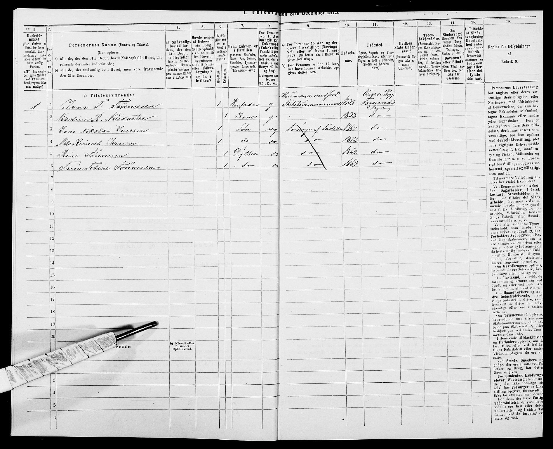 SAK, 1875 census for 1041L Vanse/Vanse og Farsund, 1875, p. 267