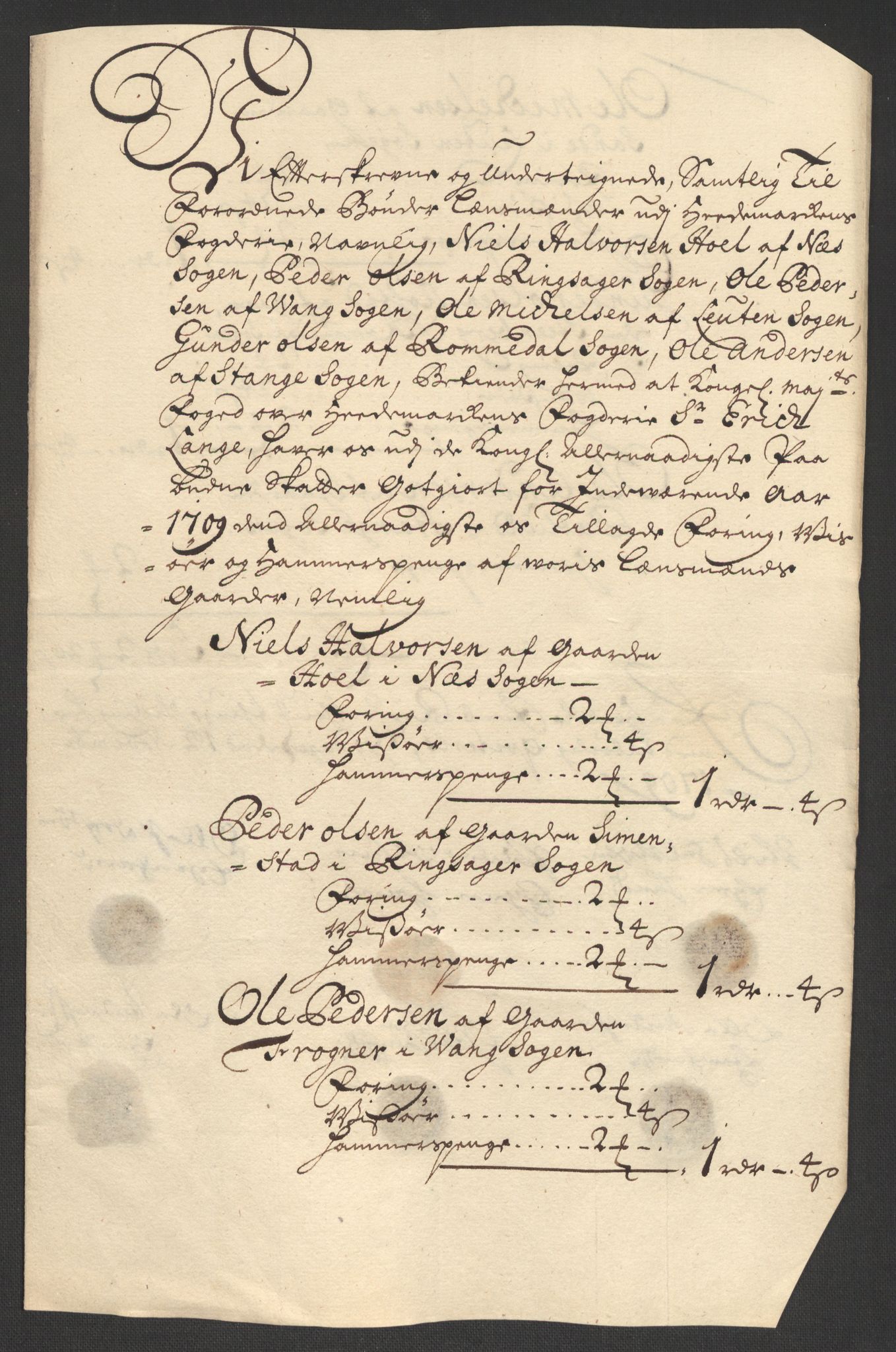 Rentekammeret inntil 1814, Reviderte regnskaper, Fogderegnskap, AV/RA-EA-4092/R16/L1045: Fogderegnskap Hedmark, 1709, p. 299