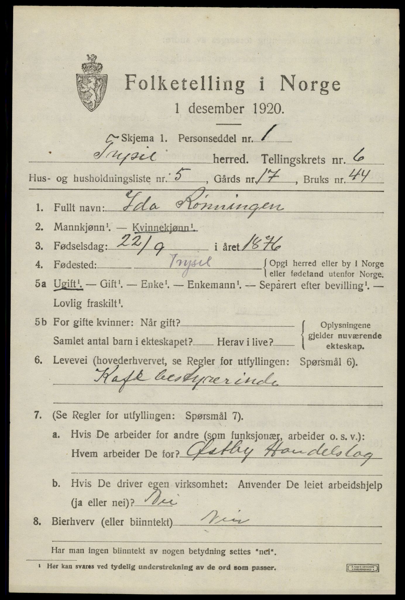 SAH, 1920 census for Trysil, 1920, p. 4597