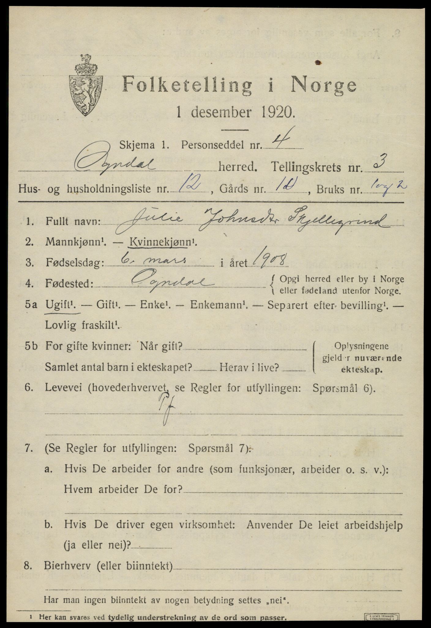 SAT, 1920 census for Ogndal, 1920, p. 1329