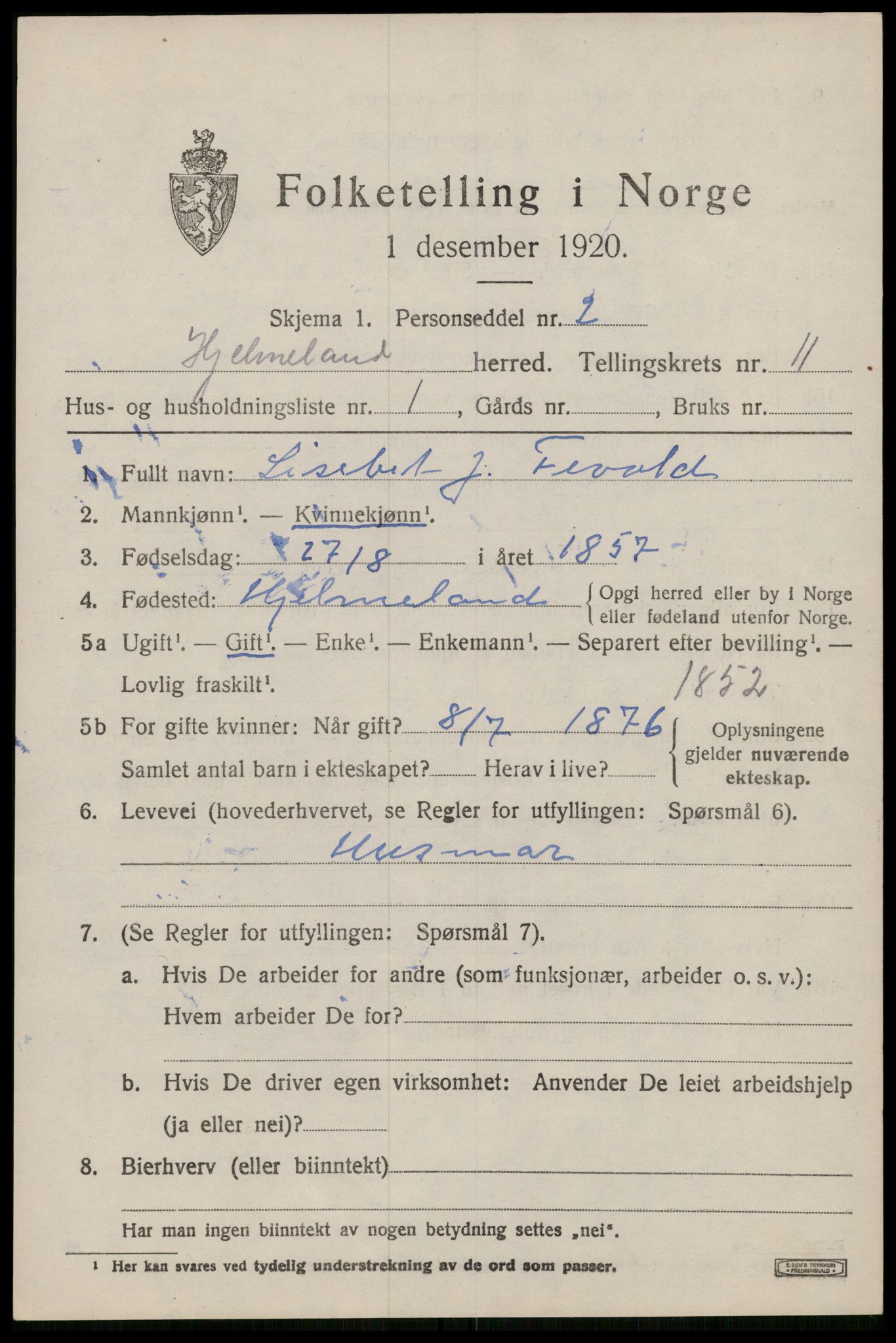 SAST, 1920 census for Hjelmeland, 1920, p. 3377