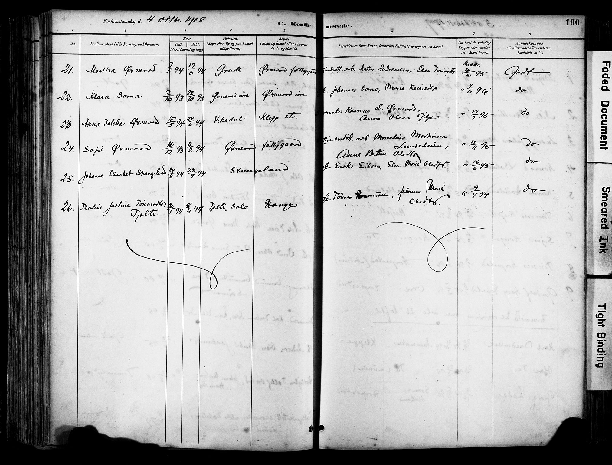 Klepp sokneprestkontor, SAST/A-101803/001/3/30BA/L0009: Parish register (official) no. A 7, 1886-1915, p. 190