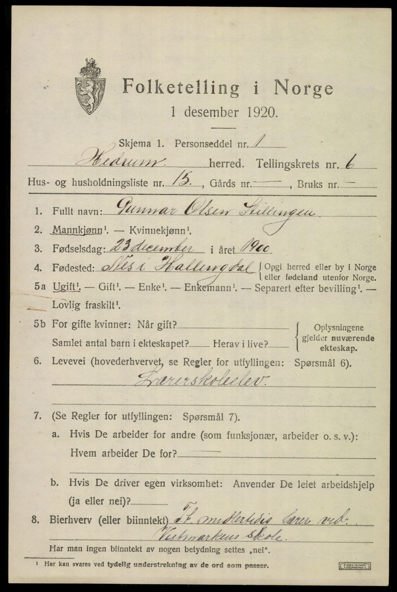 SAKO, 1920 census for Hedrum, 1920, p. 5701