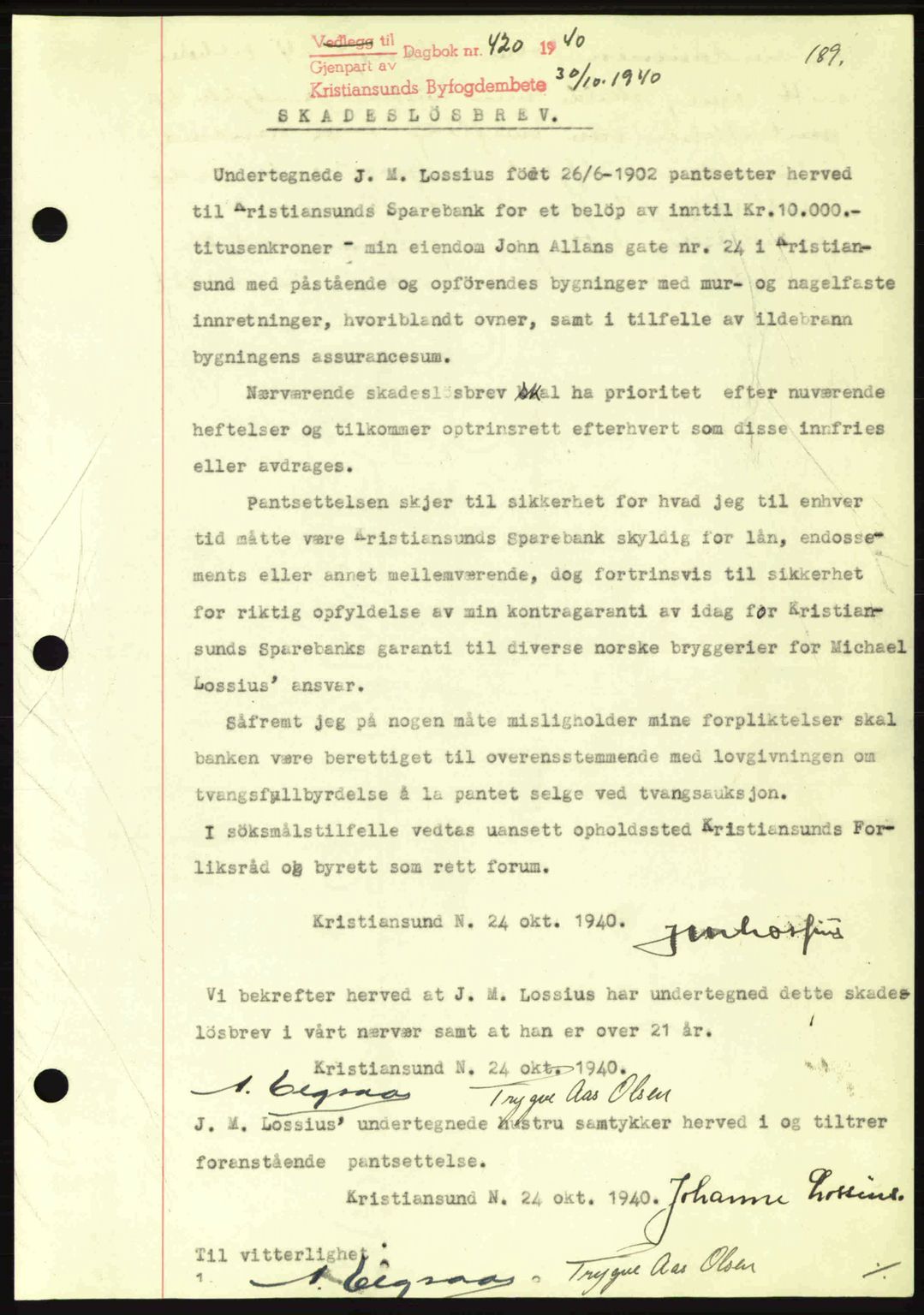 Kristiansund byfogd, AV/SAT-A-4587/A/27: Mortgage book no. 33, 1939-1941, Diary no: : 420/1940