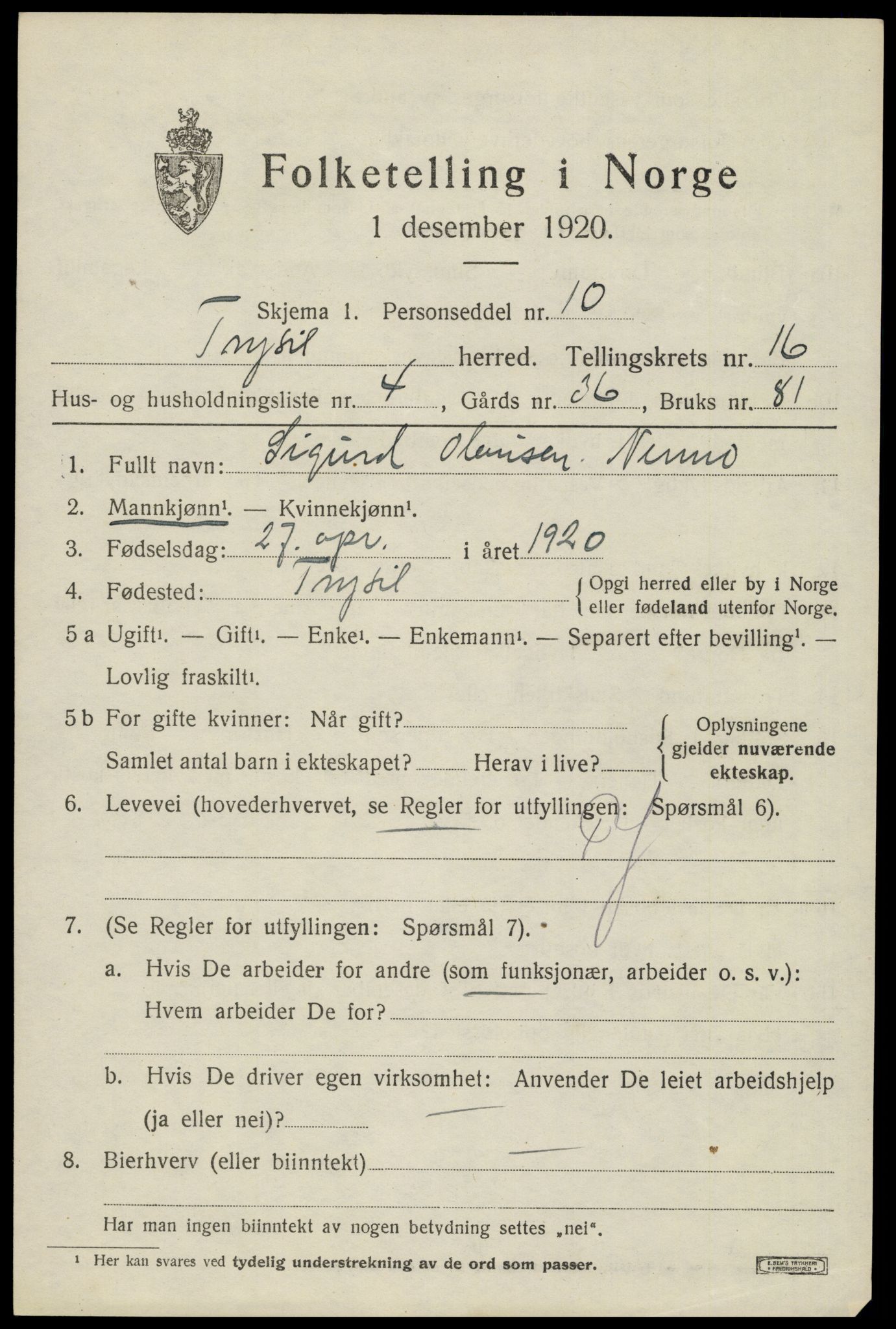 SAH, 1920 census for Trysil, 1920, p. 9485