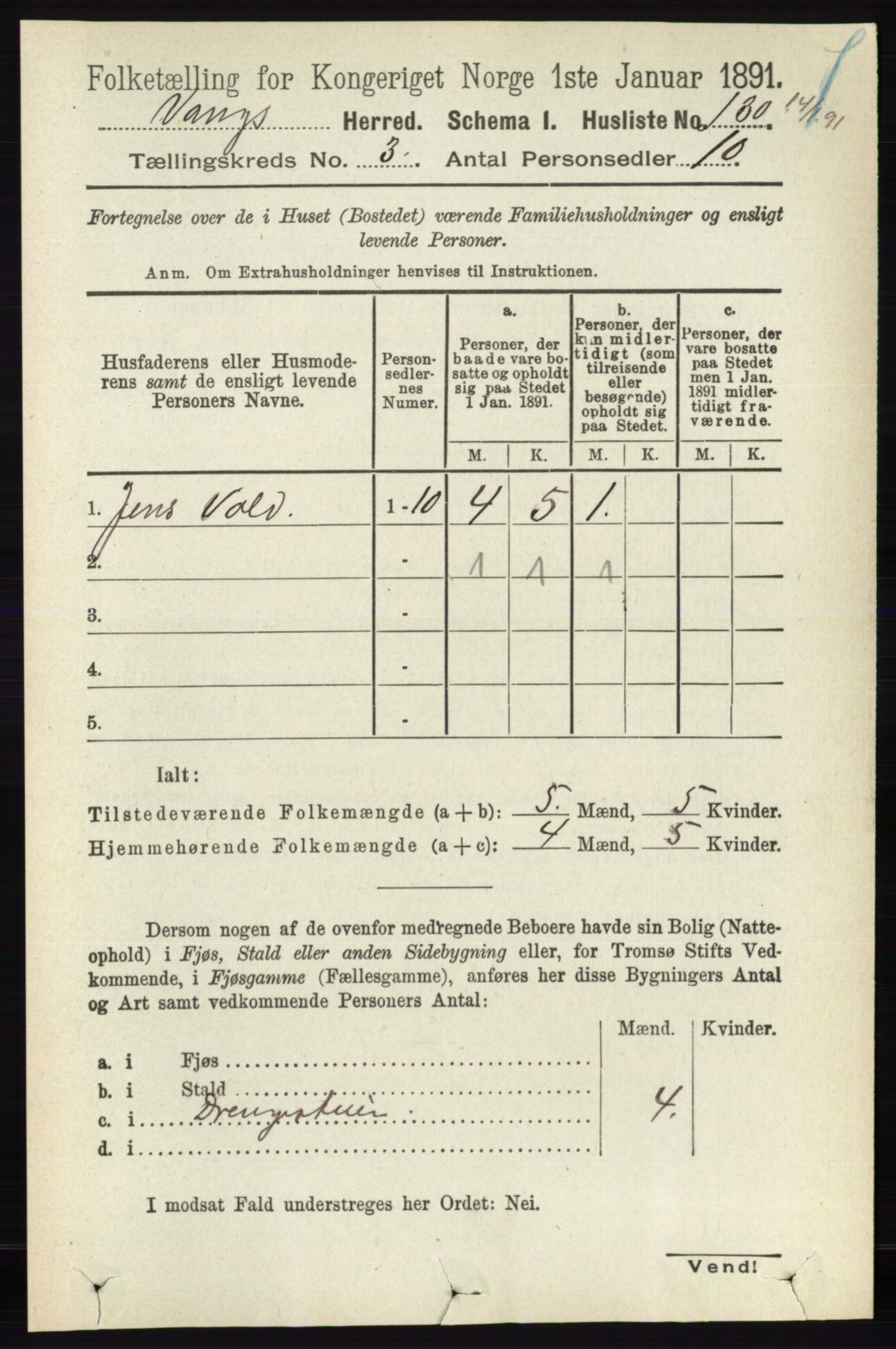 RA, 1891 census for 0414 Vang, 1891, p. 1882