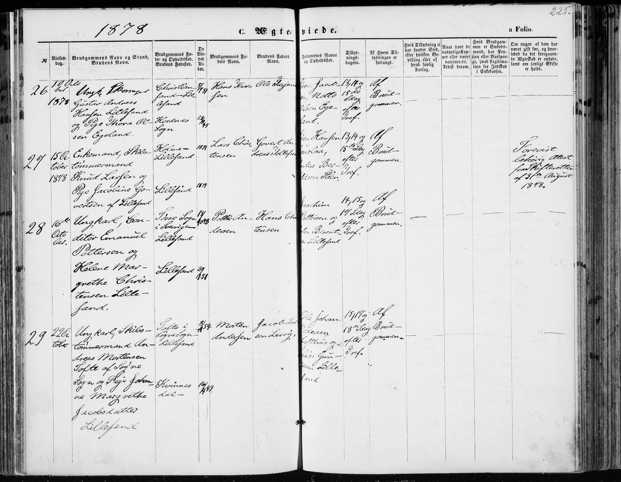 Vestre Moland sokneprestkontor, AV/SAK-1111-0046/F/Fa/Fab/L0008: Parish register (official) no. A 8, 1873-1883, p. 225