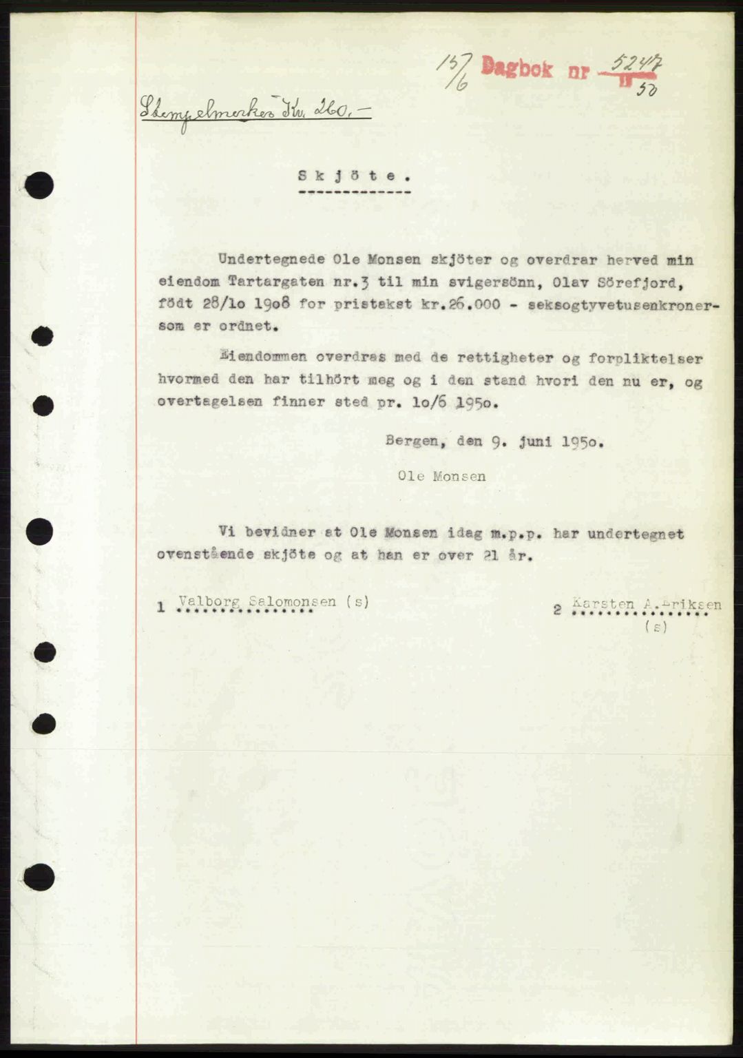Byfogd og Byskriver i Bergen, AV/SAB-A-3401/03/03Bc/L0033: Mortgage book no. A26-27, 1950-1950, Diary no: : 5247/1950