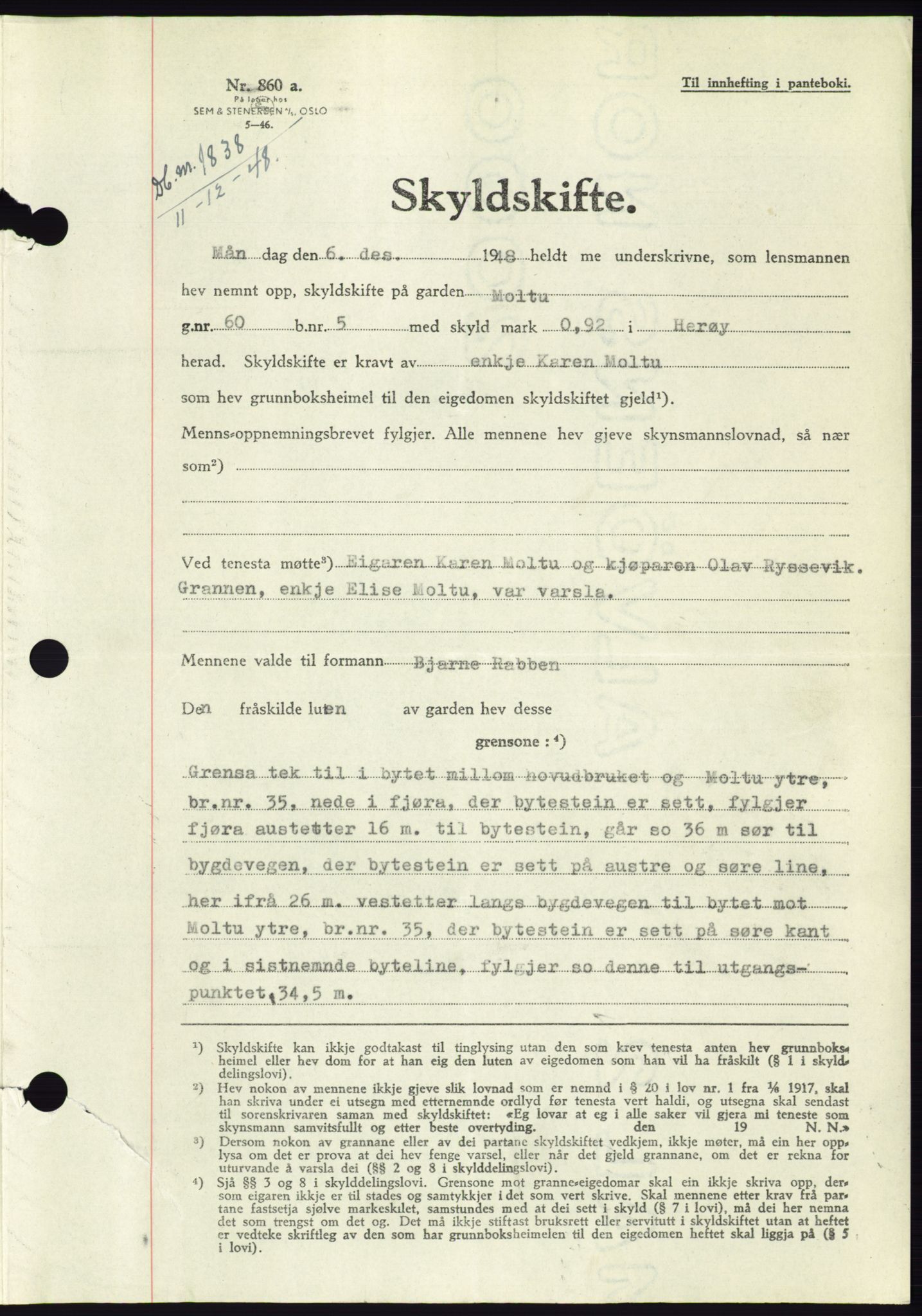 Søre Sunnmøre sorenskriveri, AV/SAT-A-4122/1/2/2C/L0083: Mortgage book no. 9A, 1948-1949, Diary no: : 1838/1948