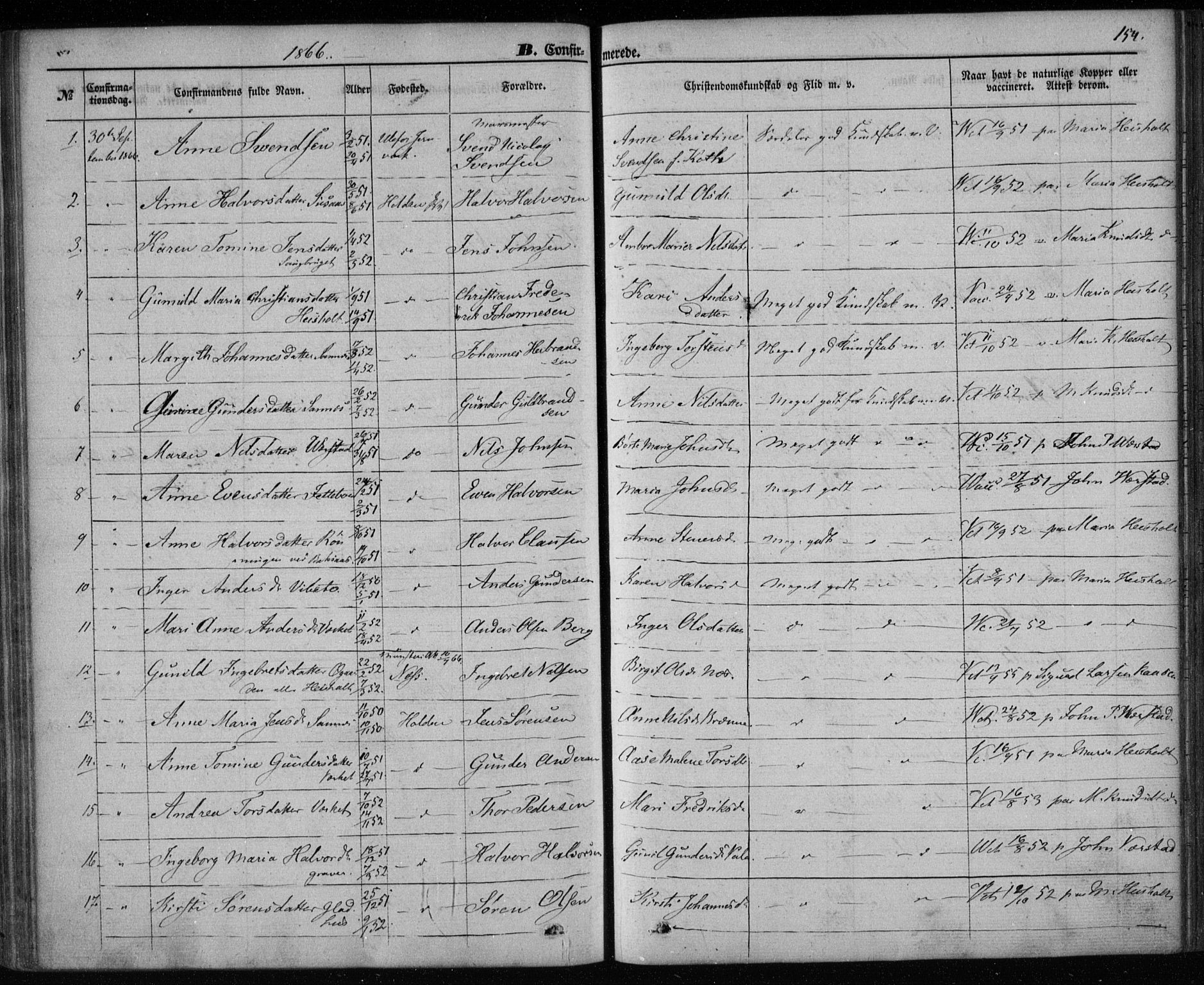 Holla kirkebøker, AV/SAKO-A-272/F/Fa/L0006: Parish register (official) no. 6, 1861-1869, p. 154