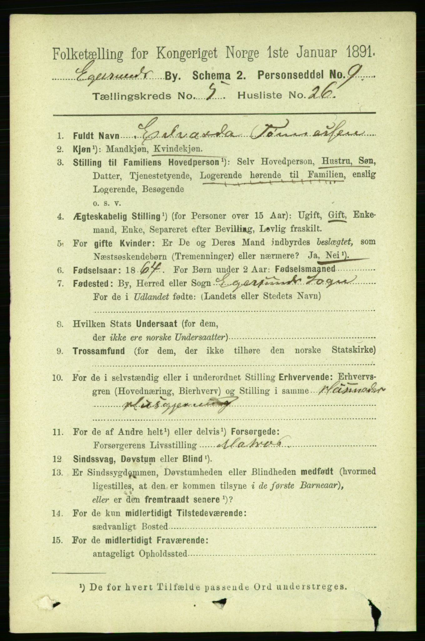 RA, 1891 census for 1101 Egersund, 1891, p. 980