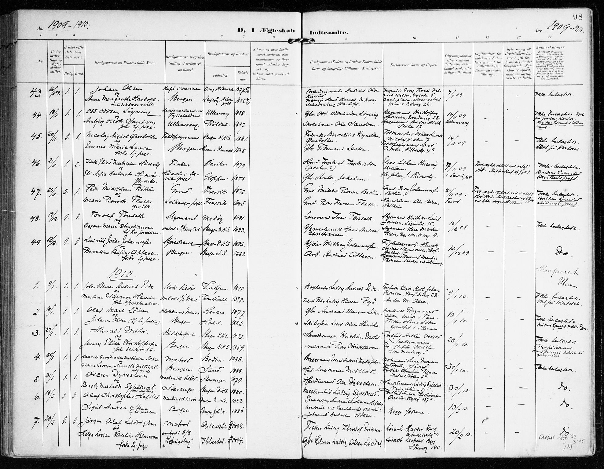 Mariakirken Sokneprestembete, SAB/A-76901/H/Haa/L0014: Parish register (official) no. C 2, 1900-1916, p. 98