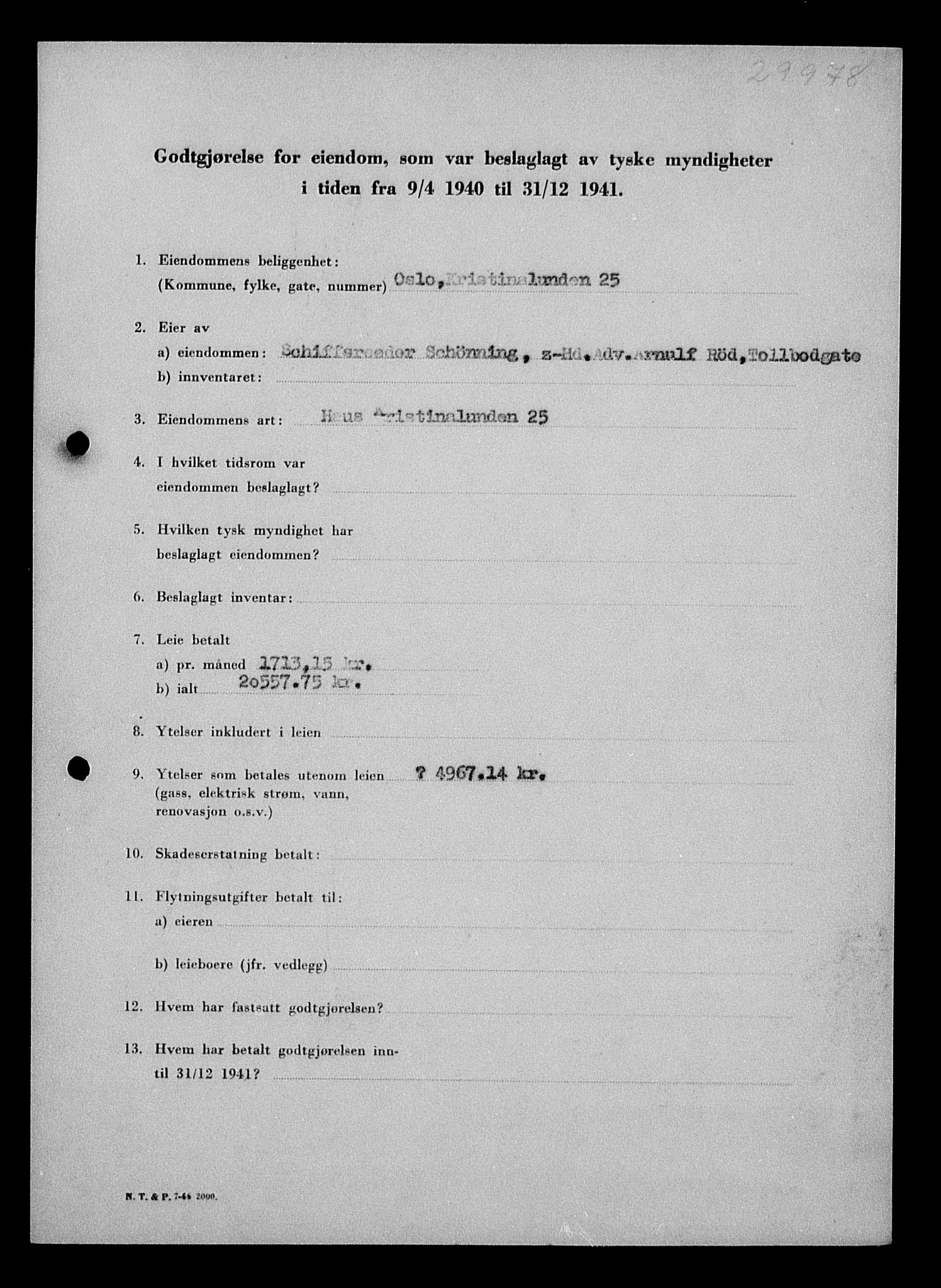 Justisdepartementet, Tilbakeføringskontoret for inndratte formuer, RA/S-1564/I/L1011: Godtgjørelse for beslaglagt eiendom, 1940-1941, p. 551
