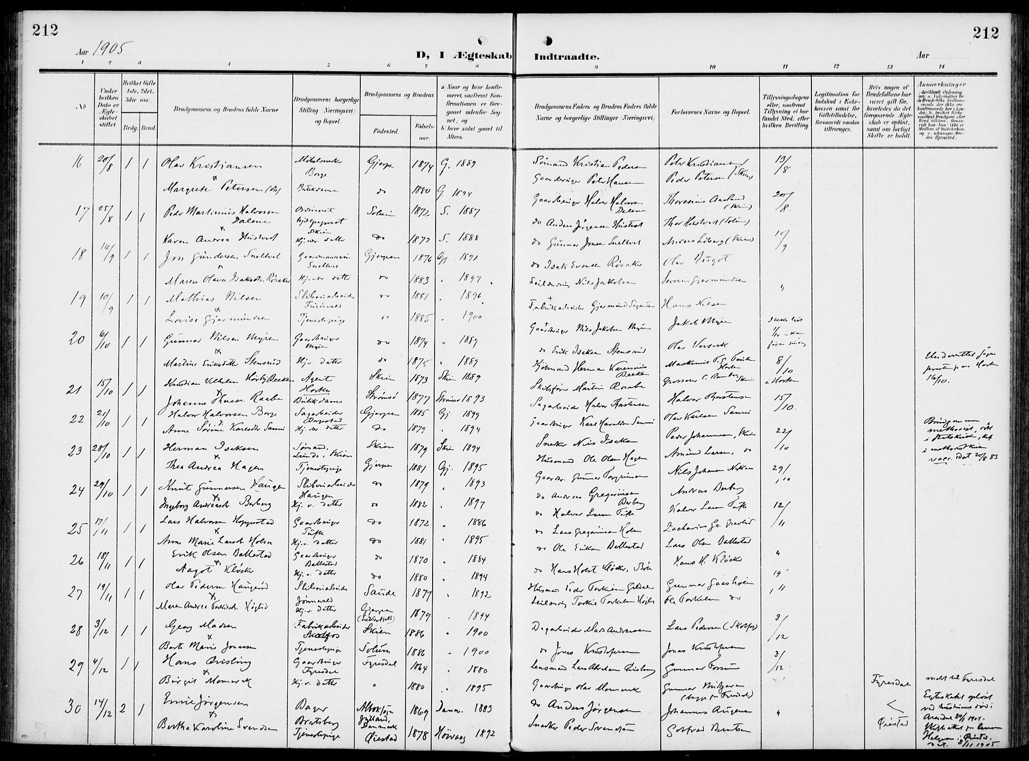 Gjerpen kirkebøker, SAKO/A-265/F/Fa/L0012: Parish register (official) no. I 12, 1905-1913, p. 212