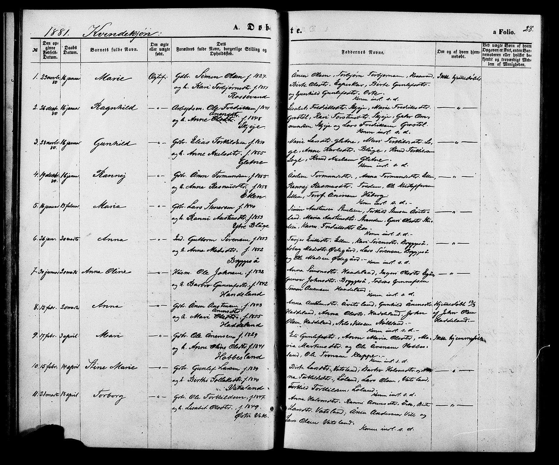 Hægebostad sokneprestkontor, SAK/1111-0024/F/Fa/Fab/L0003: Parish register (official) no. A 3, 1872-1886, p. 28