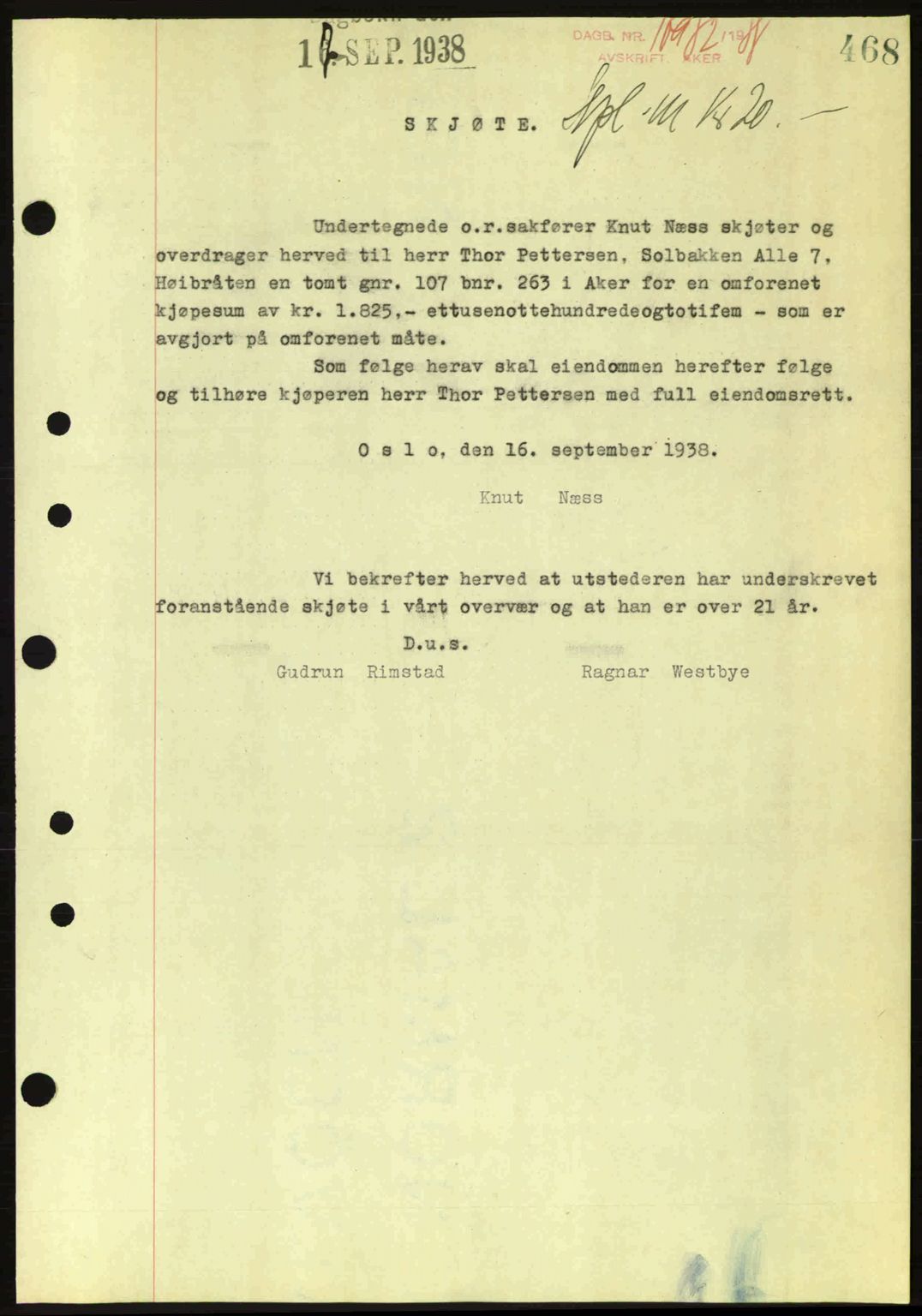Aker herredsskriveri, SAO/A-10896/G/Gb/Gba/Gbab/L0025: Mortgage book no. A154-155, 1938-1938, Diary no: : 10982/1938