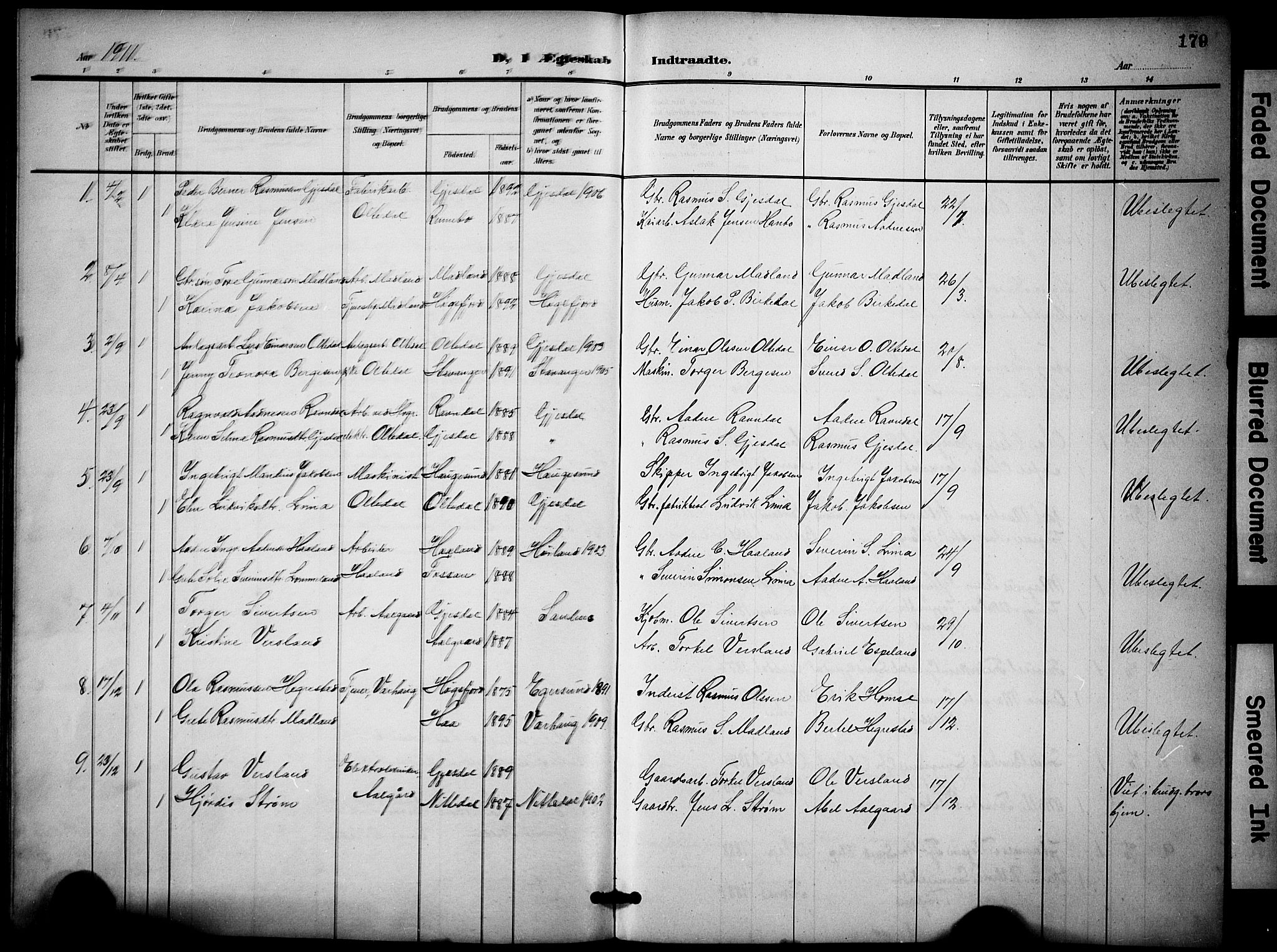 Lye sokneprestkontor, SAST/A-101794/001/30BB/L0009: Parish register (copy) no. B 9, 1902-1923, p. 179