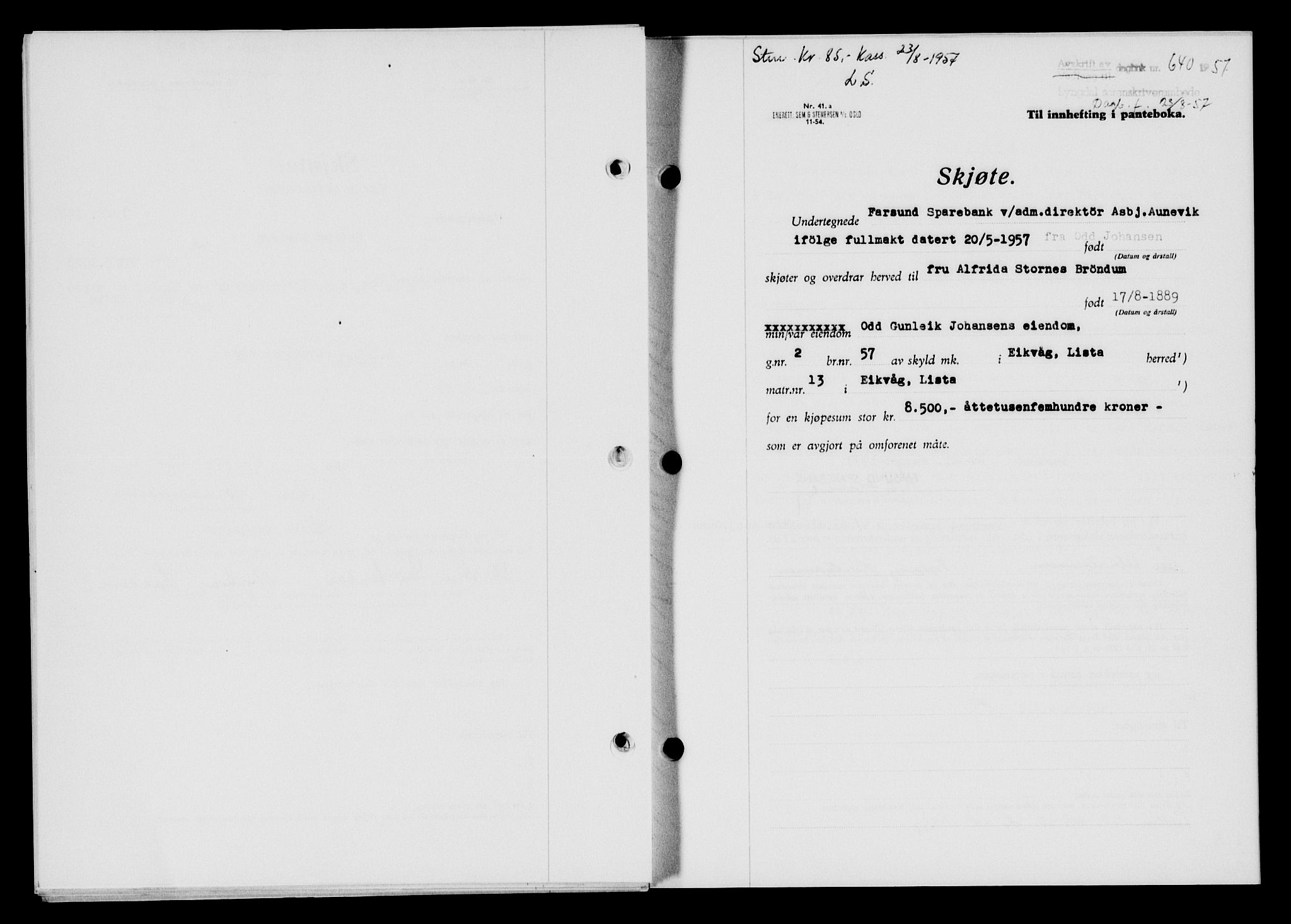 Lyngdal sorenskriveri, AV/SAK-1221-0004/G/Gb/L0676: Mortgage book no. A XXII, 1957-1957, Diary no: : 640/1957